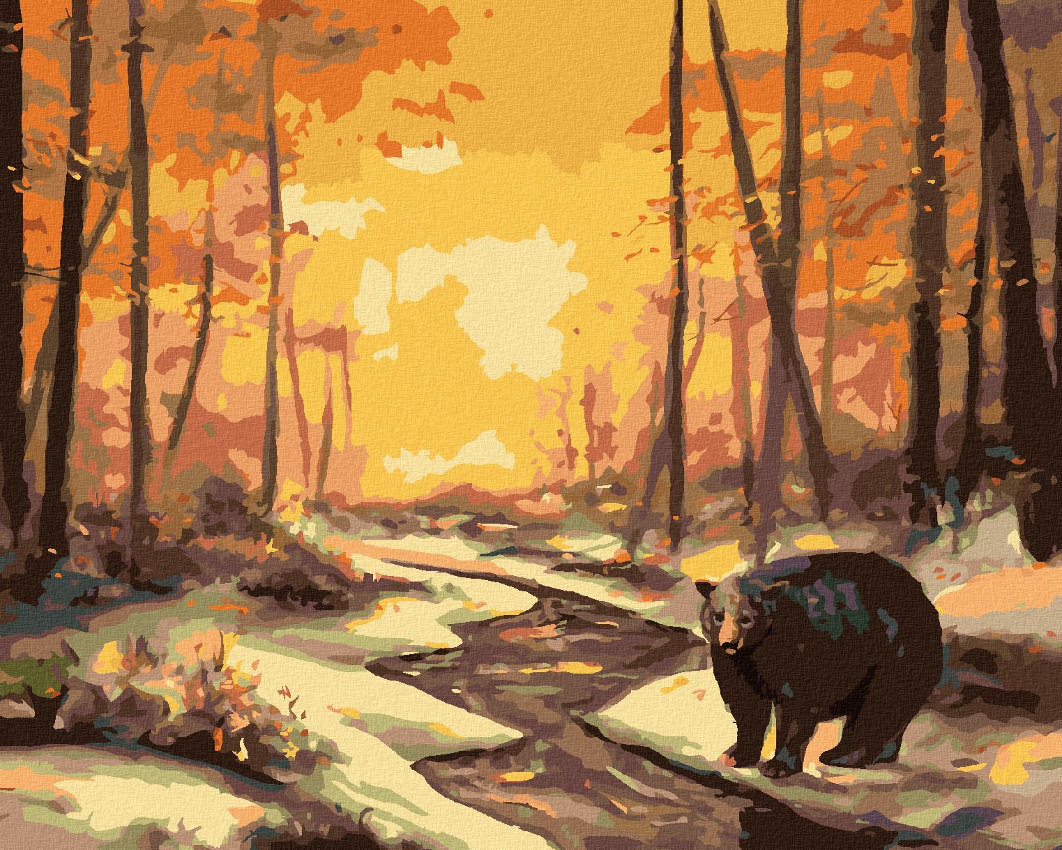 zuty Malování podle čísel - MEDVĚD U ŘEKY V ZIMĚ A ZÁPAD SLUNCE (D. RUSTY RUST) - Rozměr: 40x50 cm, Rámování: Varianta: bez rámu a bez vypnutí plátna - obrázek 1