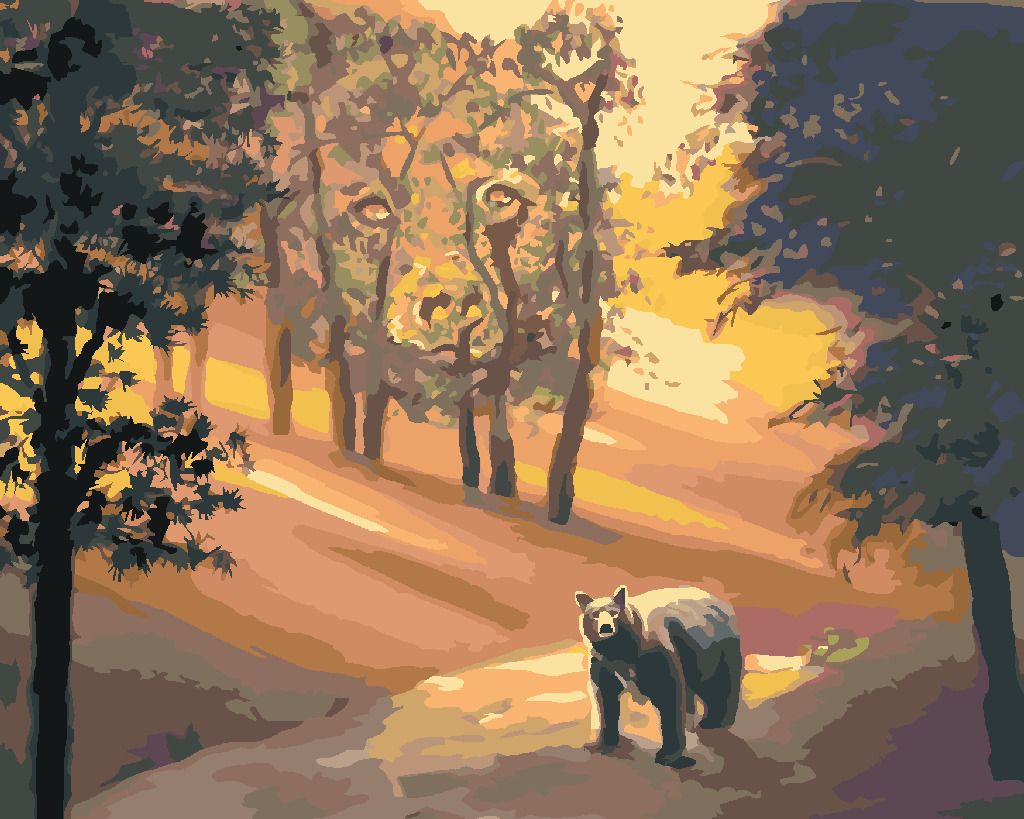 zuty Malování podle čísel - MEDVĚD V LESE A ZÁPAD SLUNCE (D. RUSTY RUST) - Rozměr: 40x50 cm, Rámování: Varianta: vypnuté plátno na rám - obrázek 4