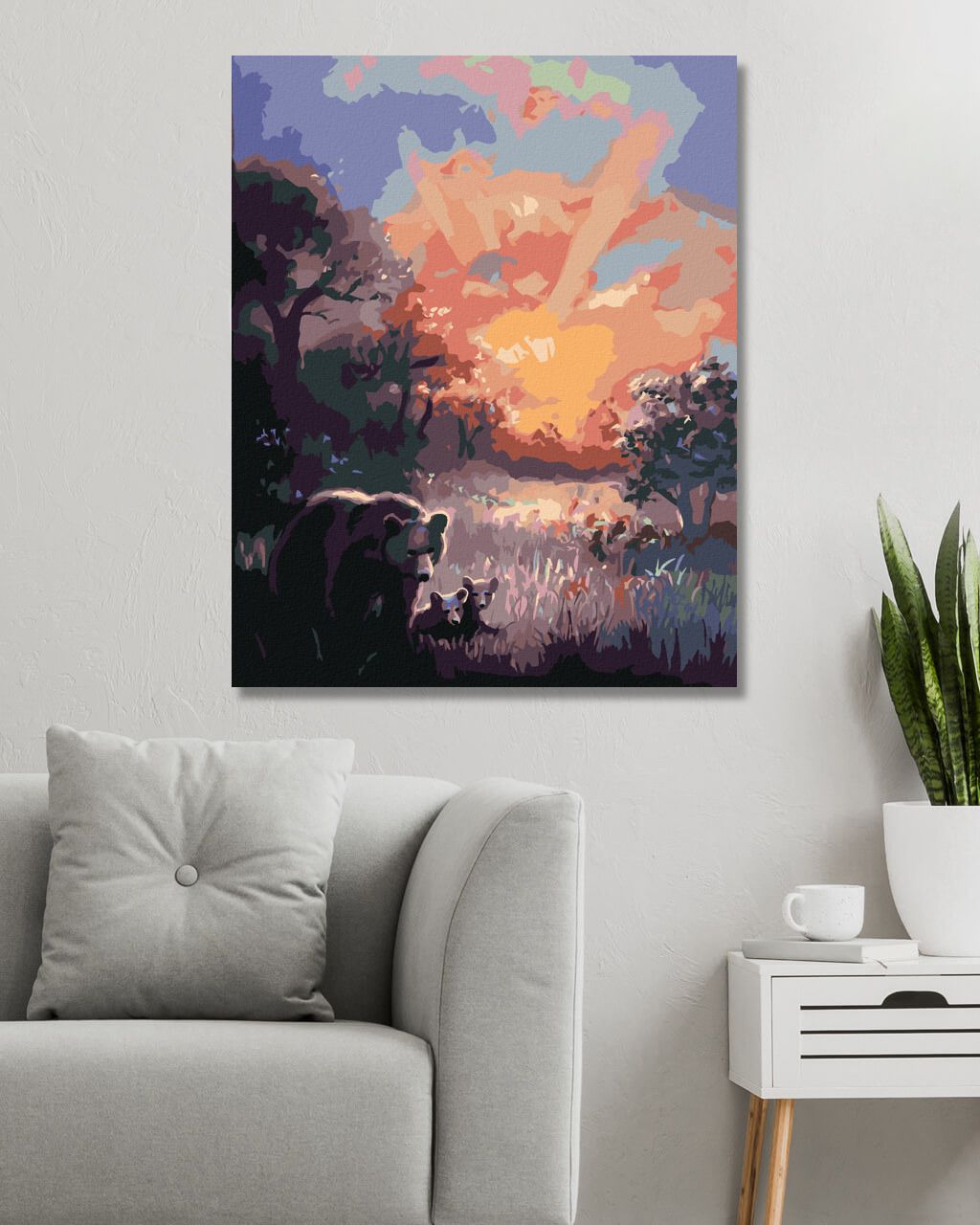 zuty Malování podle čísel - MEDVĚD S MEDVÍĎATY A ZÁPAD SLUNCE (D. RUSTY RUST) - Rozměr: 40x50 cm, Rámování: Varianta: vypnuté plátno na rám - obrázek 2