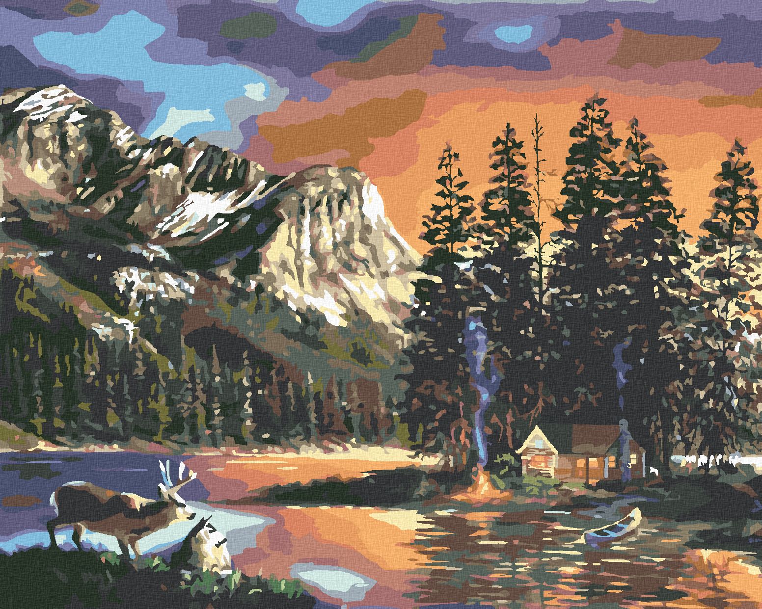 zuty Malování podle čísel - CHATA, JEZERO, JELEN A HORY (D. RUSTY RUST) - Rozměr: 40x50 cm, Rámování: Varianta: vypnuté plátno na rám - obrázek 1