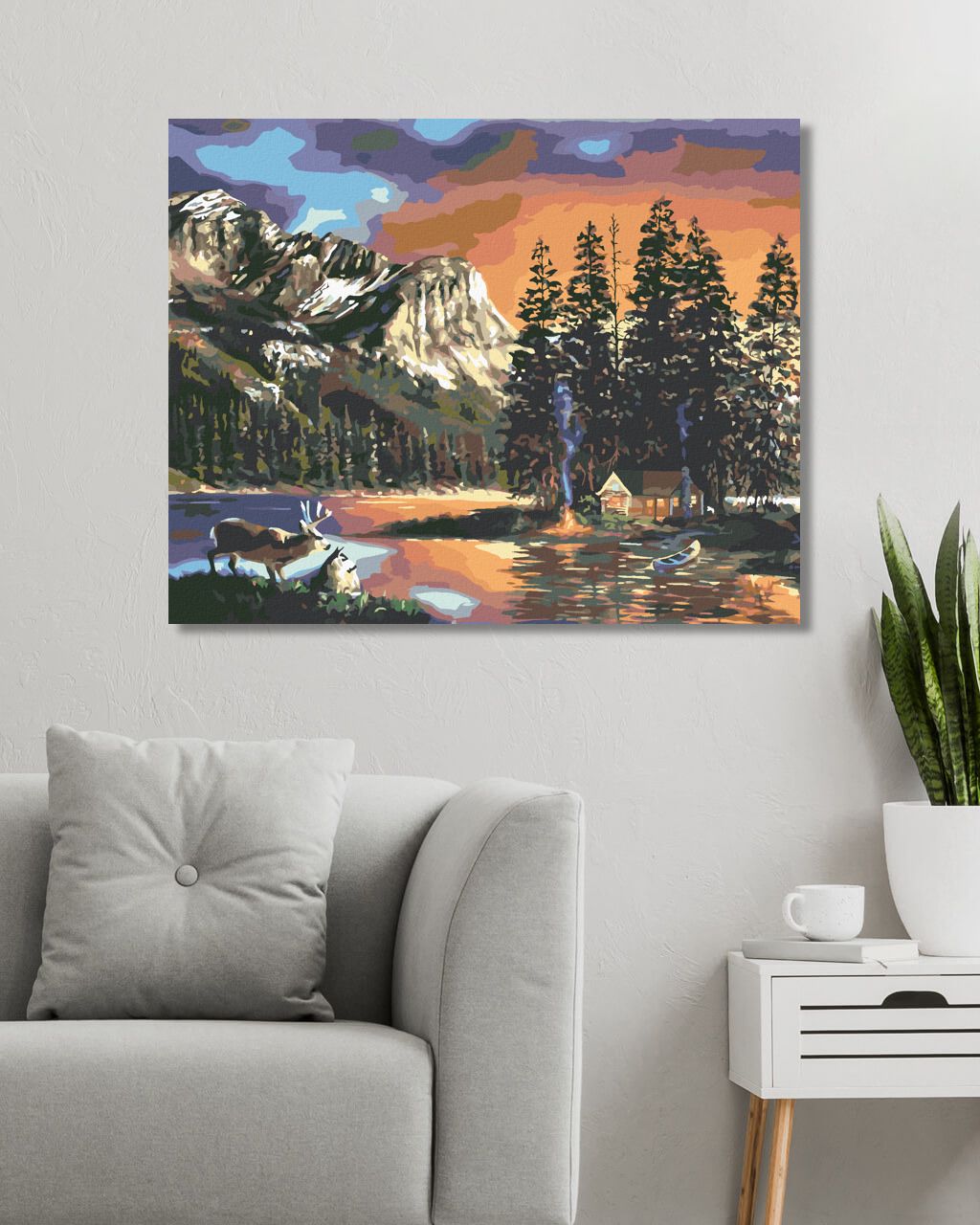 zuty Malování podle čísel - CHATA, JEZERO, JELEN A HORY (D. RUSTY RUST) - Rozměr: 40x50 cm, Rámování: Varianta: vypnuté plátno na rám - obrázek 2
