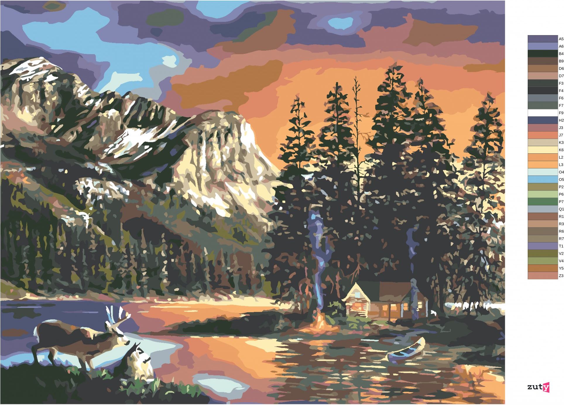 zuty Malování podle čísel - CHATA, JEZERO, JELEN A HORY (D. RUSTY RUST) - Rozměr: 40x50 cm, Rámování: Varianta: vypnuté plátno na rám - obrázek 4