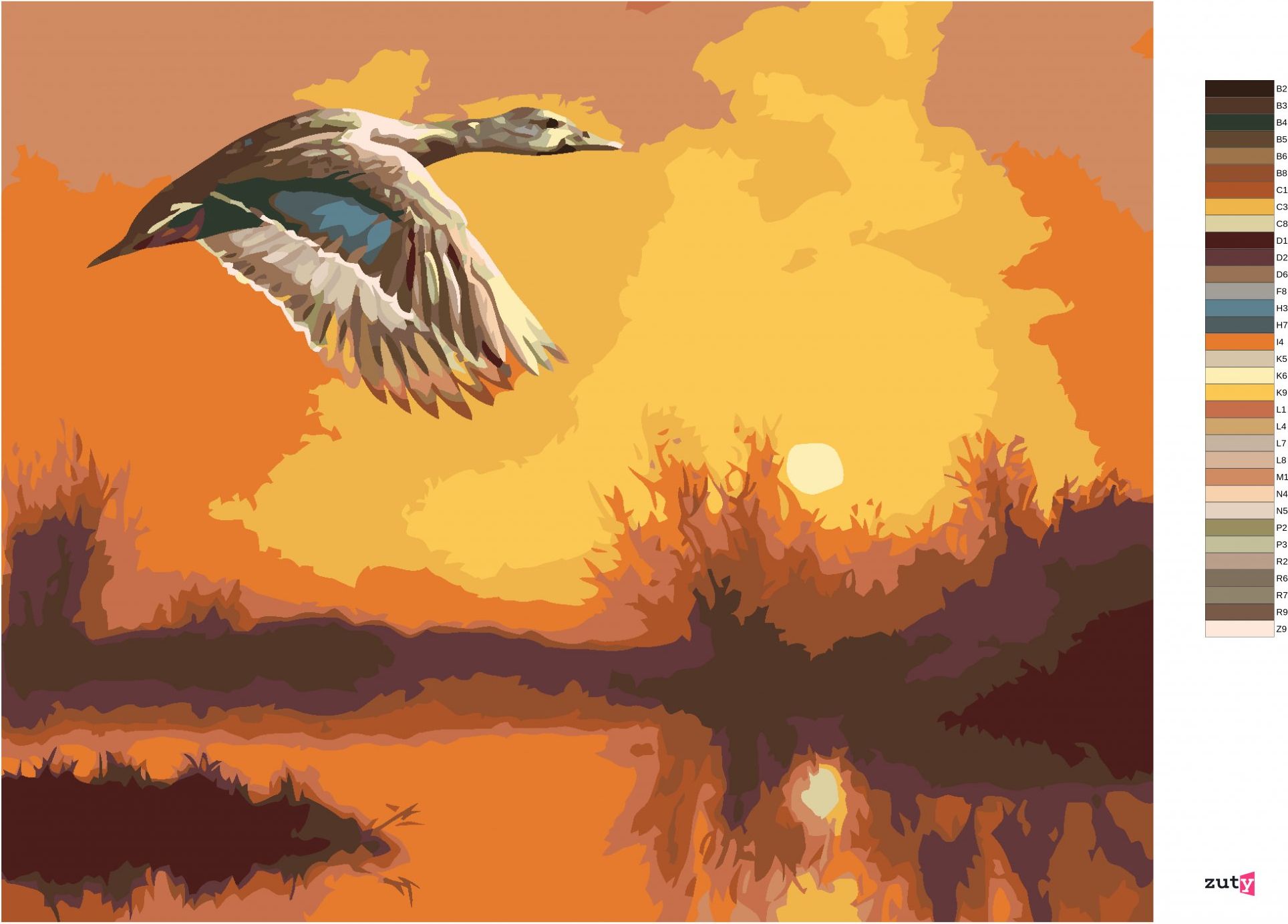 zuty Malování podle čísel - LETÍCÍ KACHNA A ZÁPAD SLUNCE (D. RUSTY RUST) - Rozměr: 40x50 cm, Rámování: Varianta: bez rámu a bez vypnutí plátna - obrázek 6