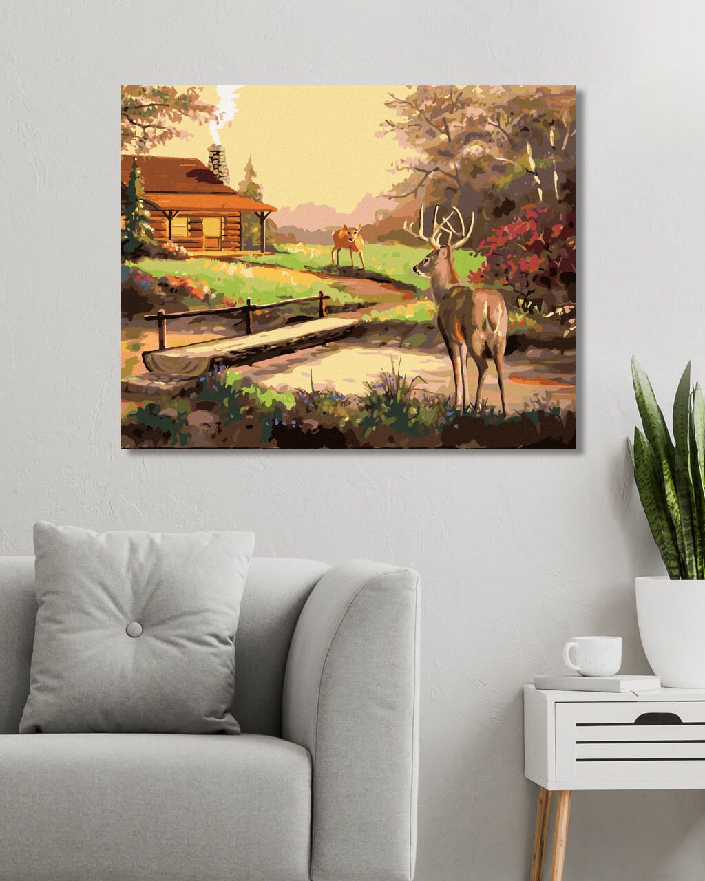 zuty Malování podle čísel - JELEN, CHATA A ZÁPAD SLUNCE (D. RUSTY RUST) - Rozměr: 40x50 cm, Rámování: Varianta: bez rámu a bez vypnutí plátna - obrázek 2