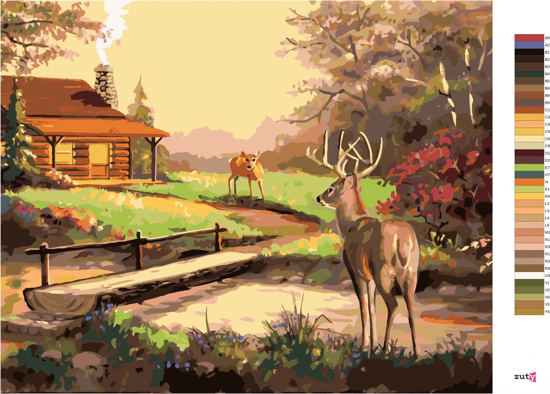 zuty Malování podle čísel - JELEN, CHATA A ZÁPAD SLUNCE (D. RUSTY RUST) - Rozměr: 40x50 cm, Rámování: Varianta: bez rámu a bez vypnutí plátna - obrázek 5