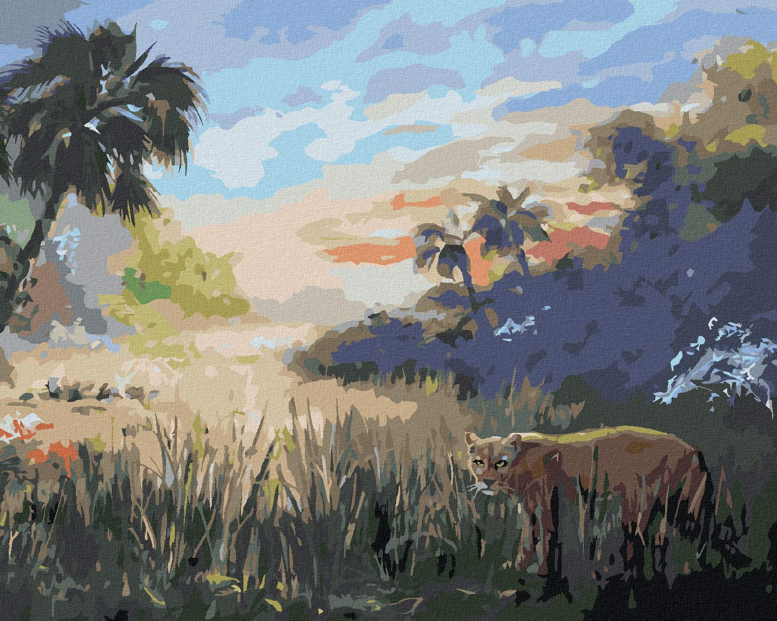zuty Malování podle čísel - PUMA A PALMY (D. RUSTY RUST) - Rozměr: 40x50 cm, Rámování: Varianta: vypnuté plátno na rám - obrázek 1