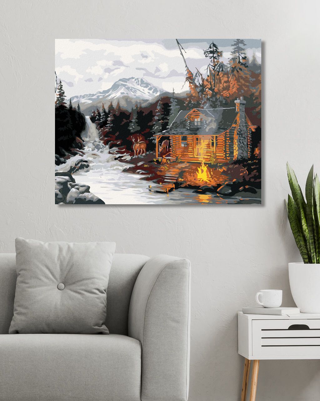zuty Malování podle čísel - CHATA, JELEN, ŘEKA A HORY (D. RUSTY RUST) - Rozměr: 40x50 cm, Rámování: Varianta: vypnuté plátno na rám - obrázek 8