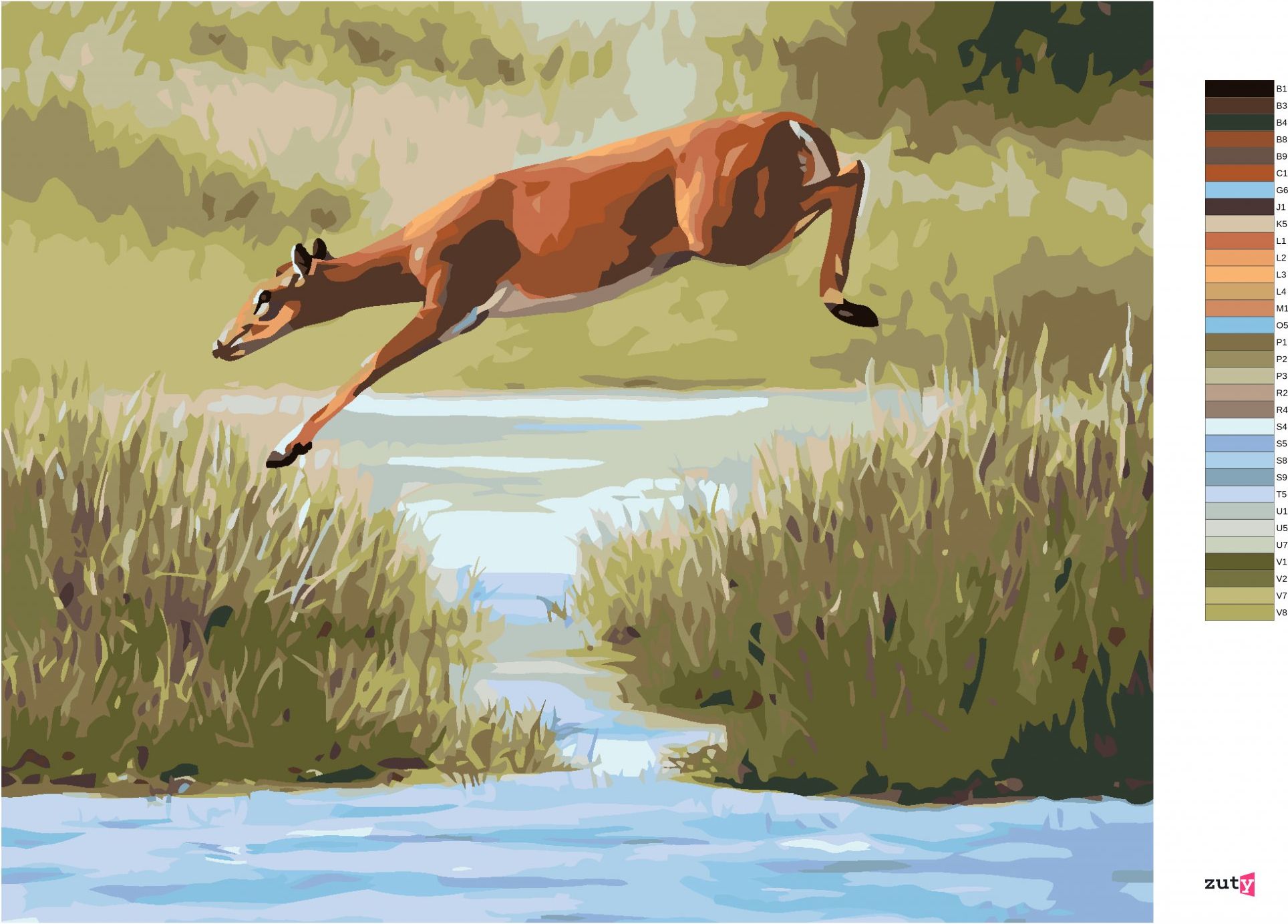 zuty Malování podle čísel - SRNA SKÁKAJÍCÍ PŘES VODU (D. RUSTY RUST) - Rozměr: 40x50 cm, Rámování: Varianta: vypnuté plátno na rám - obrázek 2