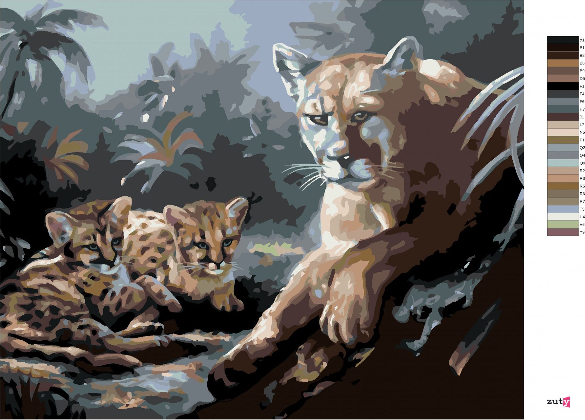 zuty Malování podle čísel - PUMA S MLÁĎATY (D. RUSTY RUST) - Rozměr: 40x50 cm, Rámování: Varianta: bez rámu a bez vypnutí plátna - obrázek 3