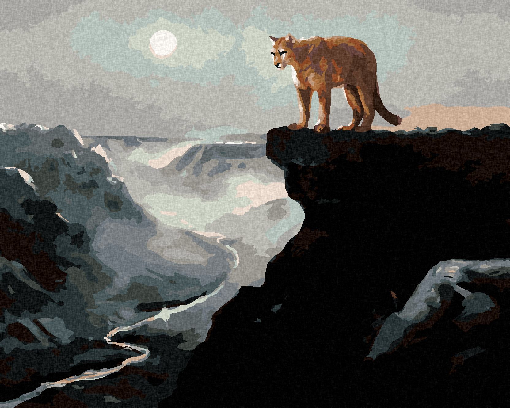 zuty Malování podle čísel - PUMA NA SKÁLE, ŘEKÁ V ÚDOLÍ A MĚSÍC (D. RUSTY RUST) - Rozměr: 40x50 cm, Rámování: Varianta: bez rámu a bez vypnutí plátna - obrázek 1
