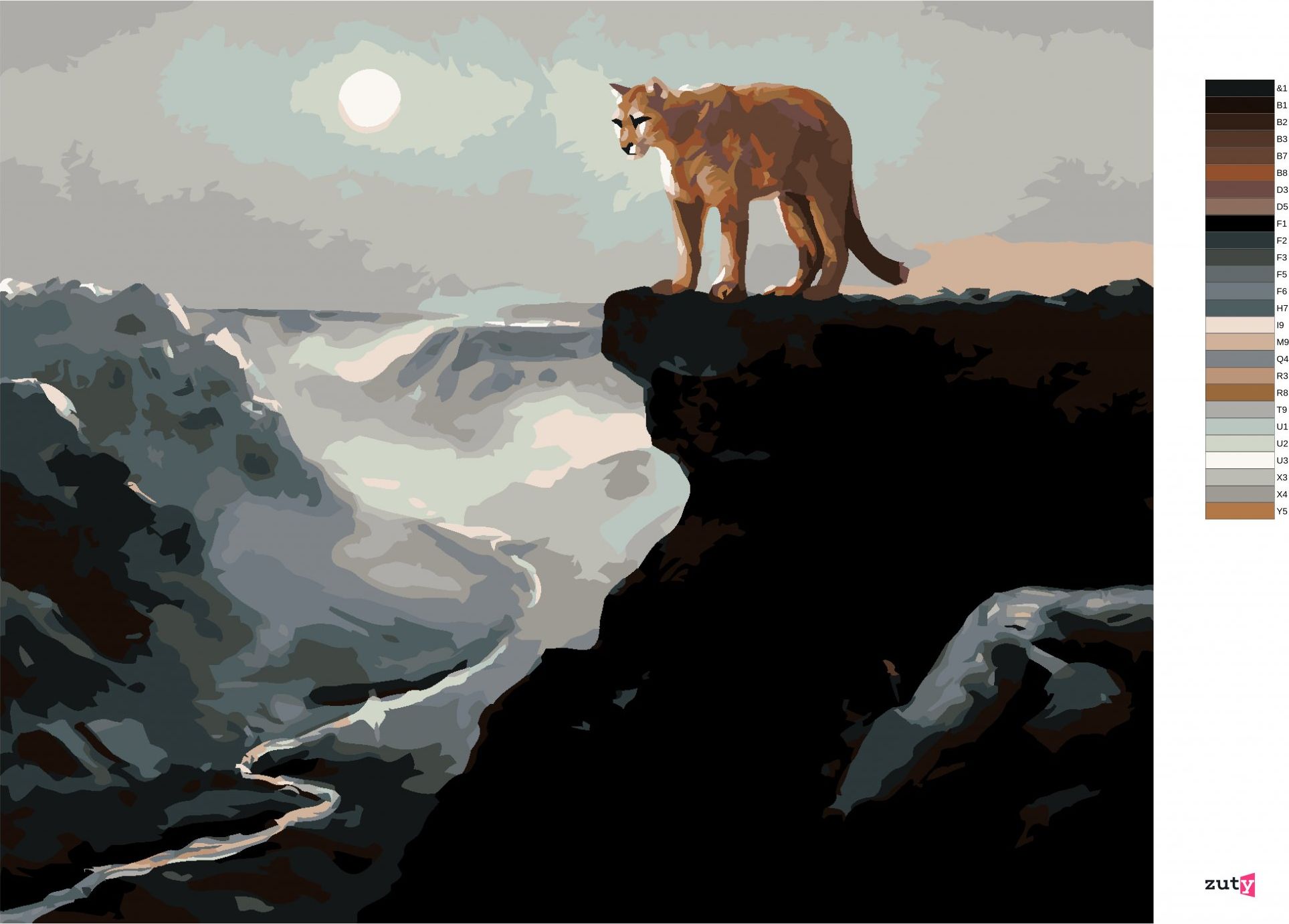 zuty Malování podle čísel - PUMA NA SKÁLE, ŘEKÁ V ÚDOLÍ A MĚSÍC (D. RUSTY RUST) - Rozměr: 40x50 cm, Rámování: Varianta: vypnuté plátno na rám - obrázek 3