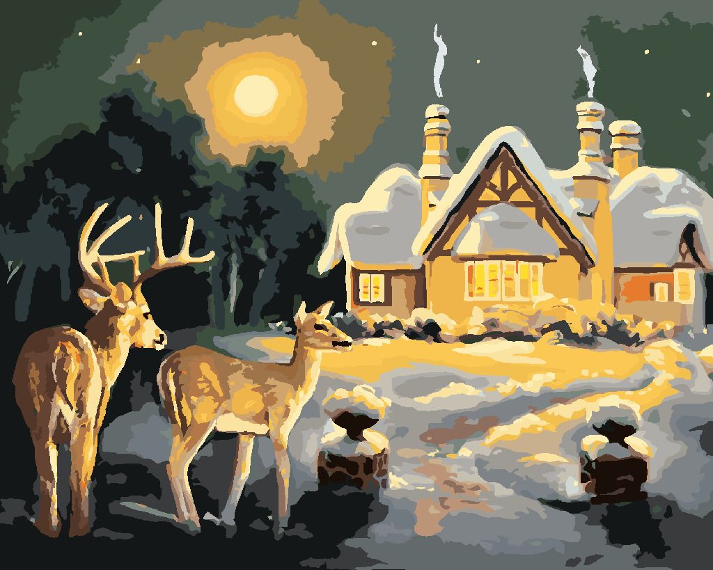 zuty Malování podle čísel - JELEN A LAŇ U ZASNĚŽENÉHO DOMU (D. RUSTY RUST) - Rozměr: 40x50 cm, Rámování: Varianta: bez rámu a bez vypnutí plátna - obrázek 4