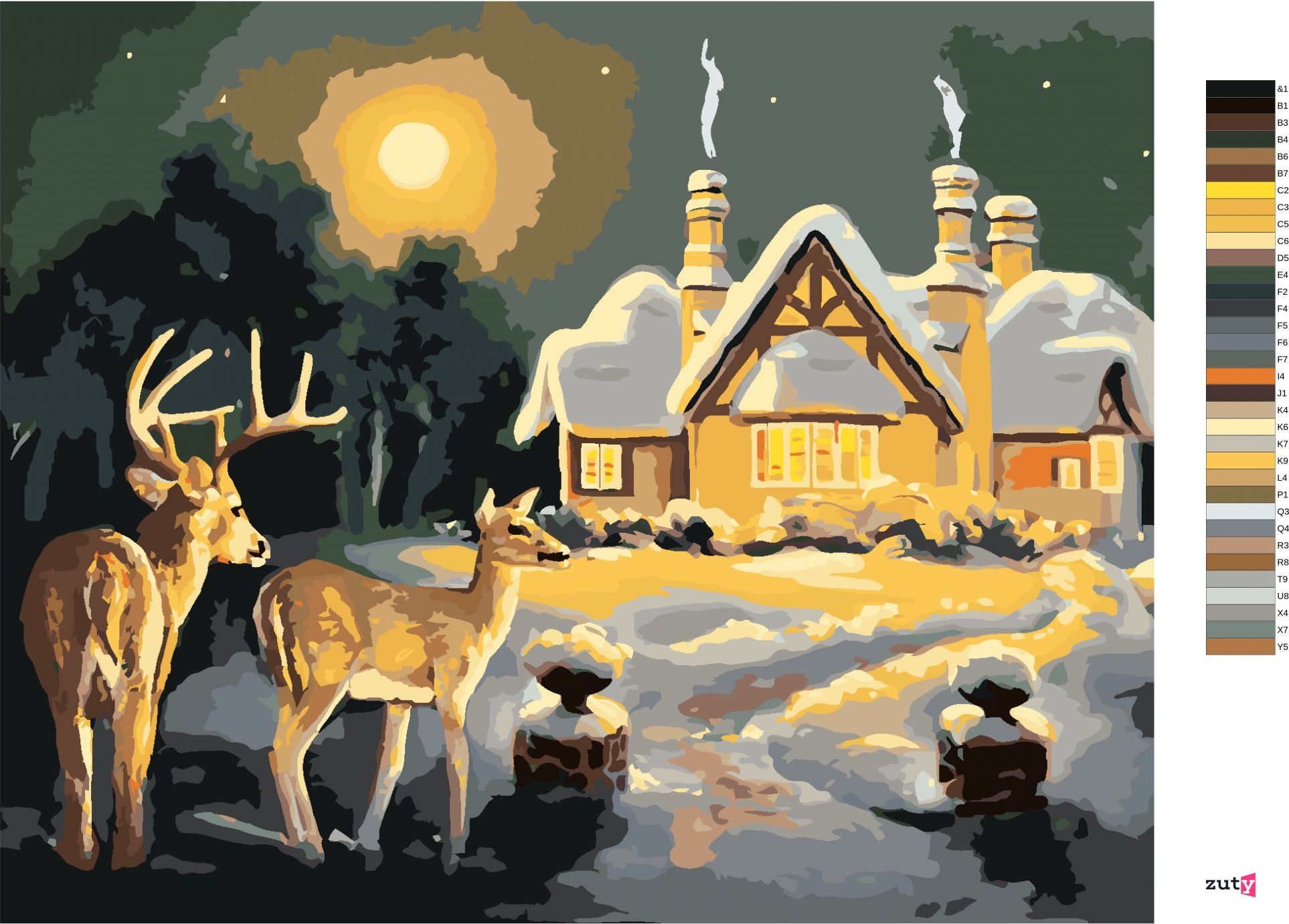 zuty Malování podle čísel - JELEN A LAŇ U ZASNĚŽENÉHO DOMU (D. RUSTY RUST) - Rozměr: 40x50 cm, Rámování: Varianta: bez rámu a bez vypnutí plátna - obrázek 6