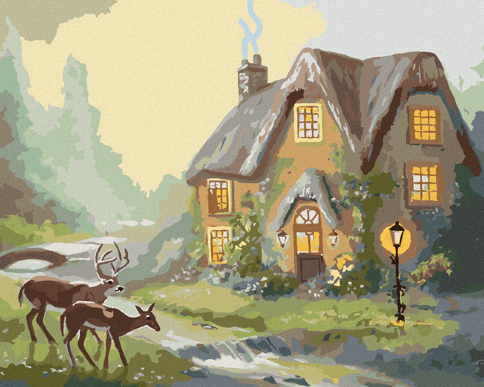 zuty Malování podle čísel - JELEN A LAŇ U LESNÍHO DOMU (D. RUSTY RUST) - Rozměr: 40x50 cm, Rámování: Varianta: bez rámu a bez vypnutí plátna - obrázek 1