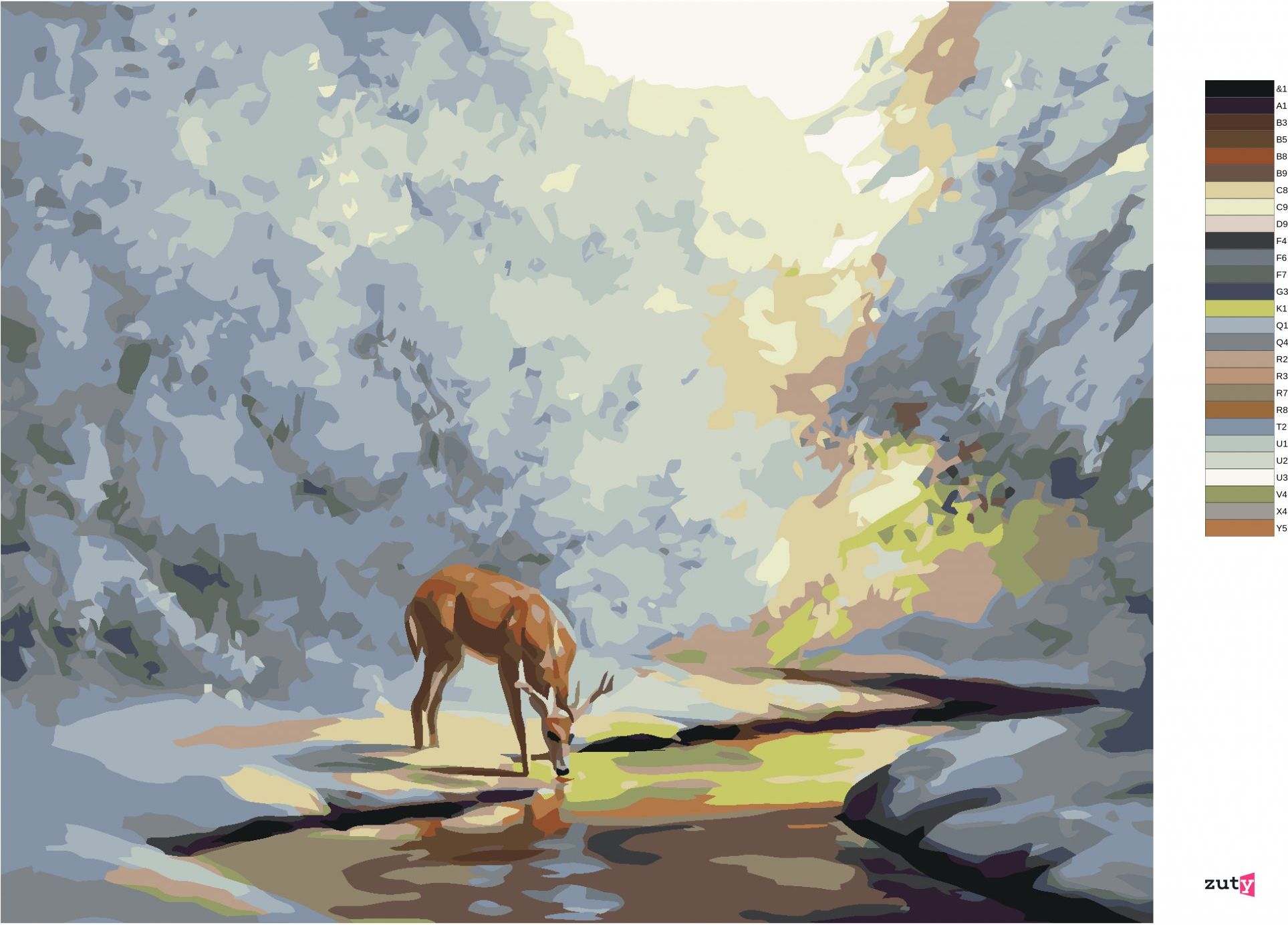 zuty Malování podle čísel - JELEN PIJE ZE ZAMRZLÉHO POTOKA (D. RUSTY RUST) - Rozměr: 40x50 cm, Rámování: Varianta: bez rámu a bez vypnutí plátna - obrázek 3