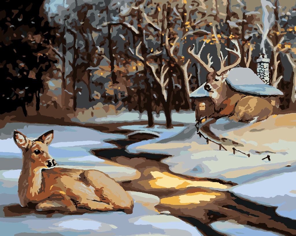 zuty Malování podle čísel - LAŇ A JELEN U ZASNĚŽENÉHO DOMU (D. RUSTY RUST) - Rozměr: 40x50 cm, Rámování: Varianta: bez rámu a bez vypnutí plátna - obrázek 7