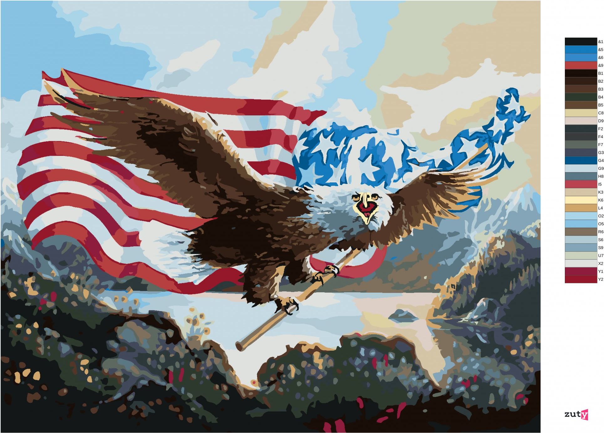 zuty Malování podle čísel - OREL S VLAJKOU USA (D. RUSTY RUST) - Rozměr: 40x50 cm, Rámování: Varianta: bez rámu a bez vypnutí plátna - obrázek 9