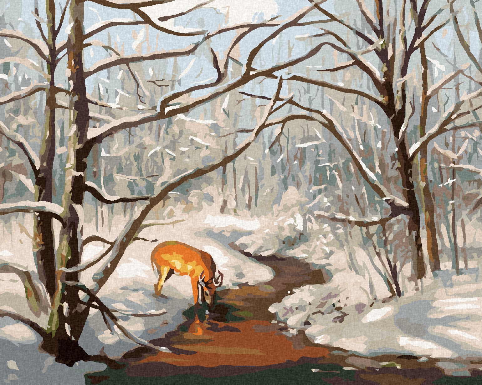 zuty Malování podle čísel - SRNEC V LESE A ŘEKA V ZIMĚ (D. RUSTY RUST) - Rozměr: 40x50 cm, Rámování: Varianta: vypnuté plátno na rám - obrázek 1