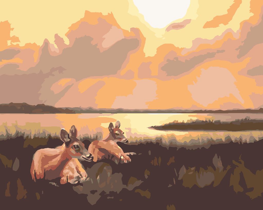zuty Malování podle čísel - LEŽÍCÍ SRNY A VÝCHOD SLUNCE (D. RUSTY RUST) - Rozměr: 40x50 cm, Rámování: Varianta: vypnuté plátno na rám - obrázek 9