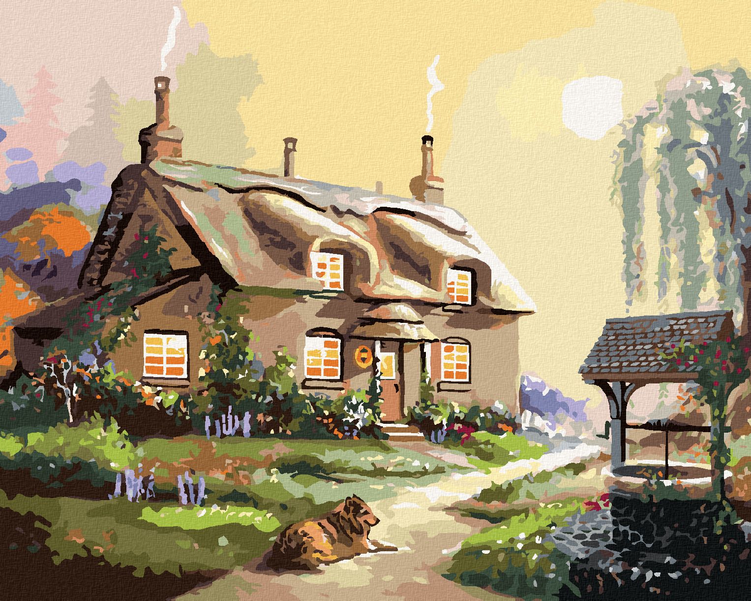 zuty Malování podle čísel - PES PŘED CHALOUPKOU A STUDNA (D. RUSTY RUST) - Rozměr: 40x50 cm, Rámování: Varianta: vypnuté plátno na rám - obrázek 1