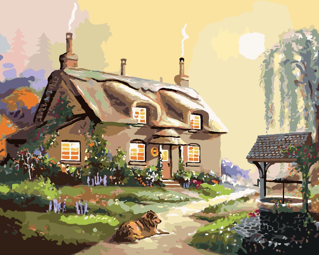 zuty Malování podle čísel - PES PŘED CHALOUPKOU A STUDNA (D. RUSTY RUST) - Rozměr: 40x50 cm, Rámování: Varianta: vypnuté plátno na rám - obrázek 2