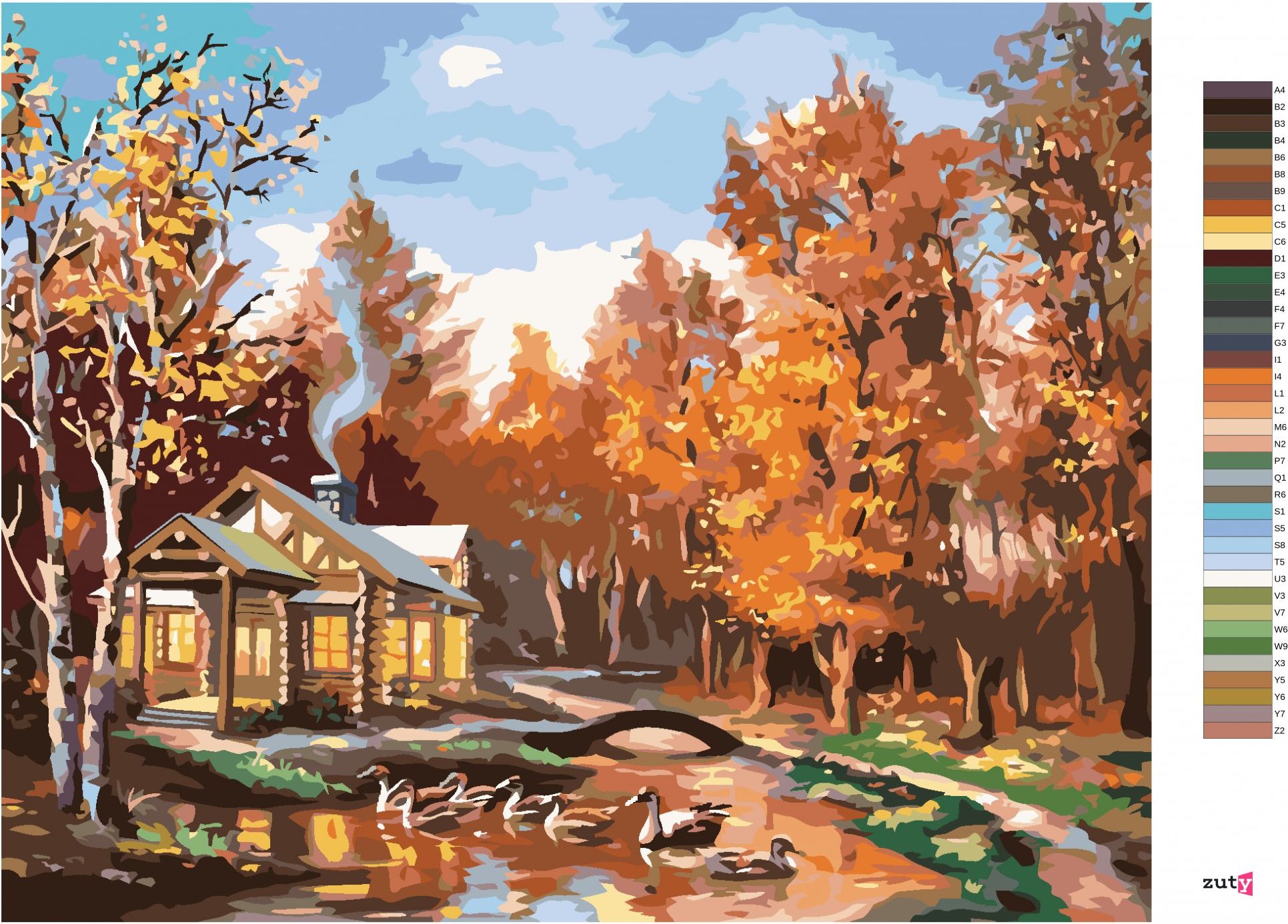 zuty Malování podle čísel - SRUB V PODZIMNÍM LESE A KACHNY (D. RUSTY RUST) - Rozměr: 40x50 cm, Rámování: Varianta: vypnuté plátno na rám - obrázek 8