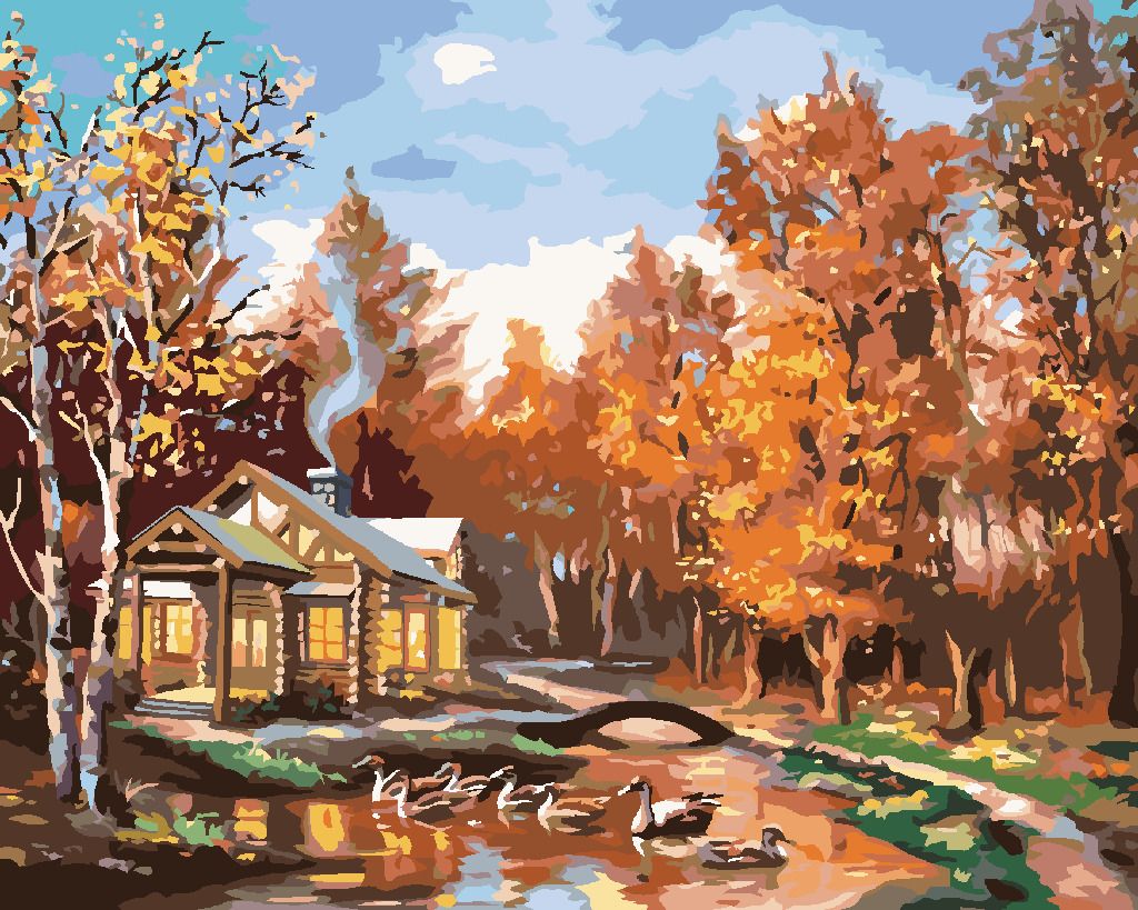 zuty Malování podle čísel - SRUB V PODZIMNÍM LESE A KACHNY (D. RUSTY RUST) - Rozměr: 40x50 cm, Rámování: Varianta: vypnuté plátno na rám - obrázek 10
