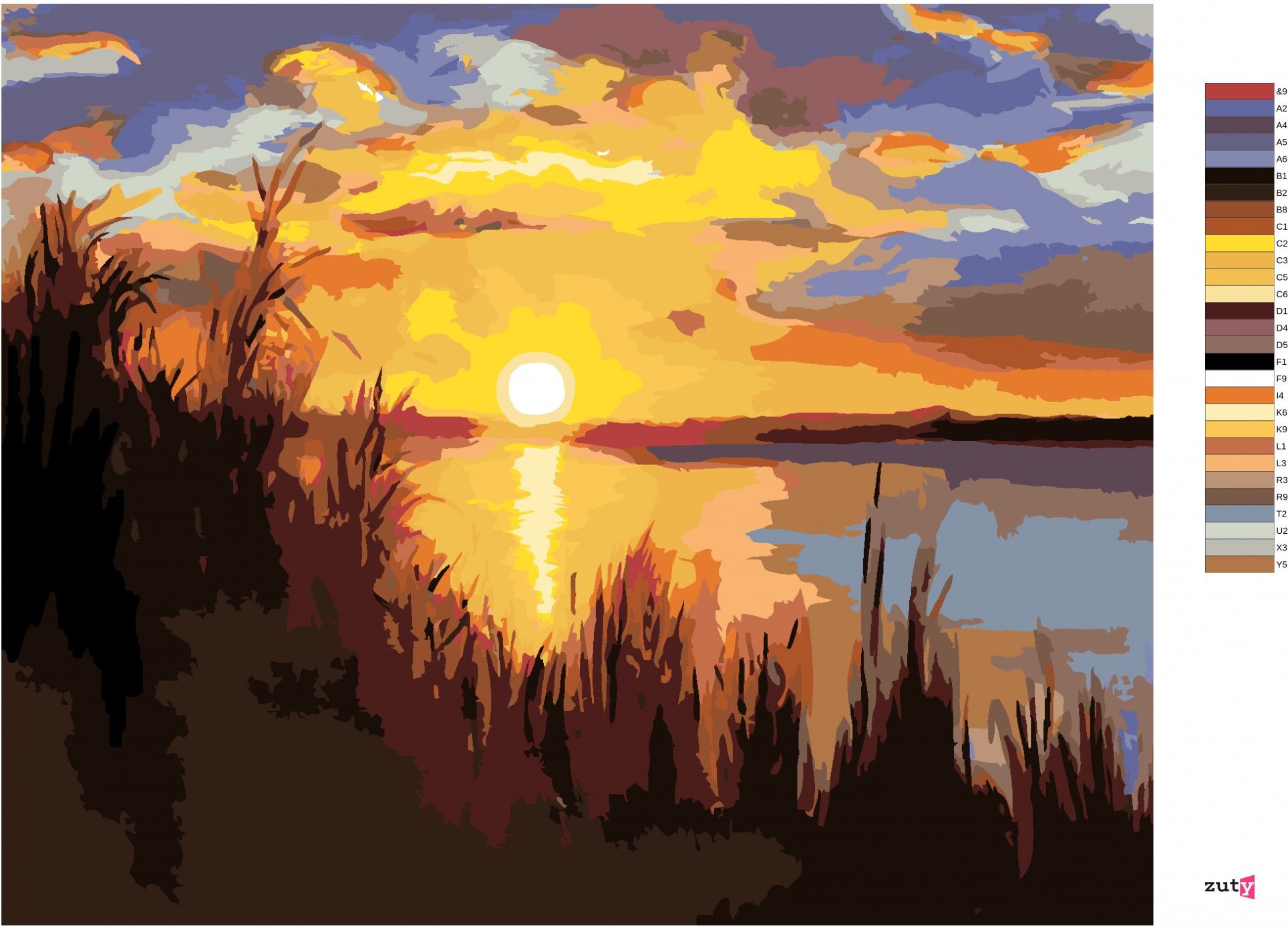 zuty Malování podle čísel - ZÁPAD SLUNCE U JEZERA (D. RUSTY RUST) - Rozměr: 40x50 cm, Rámování: Varianta: bez rámu a bez vypnutí plátna - obrázek 2