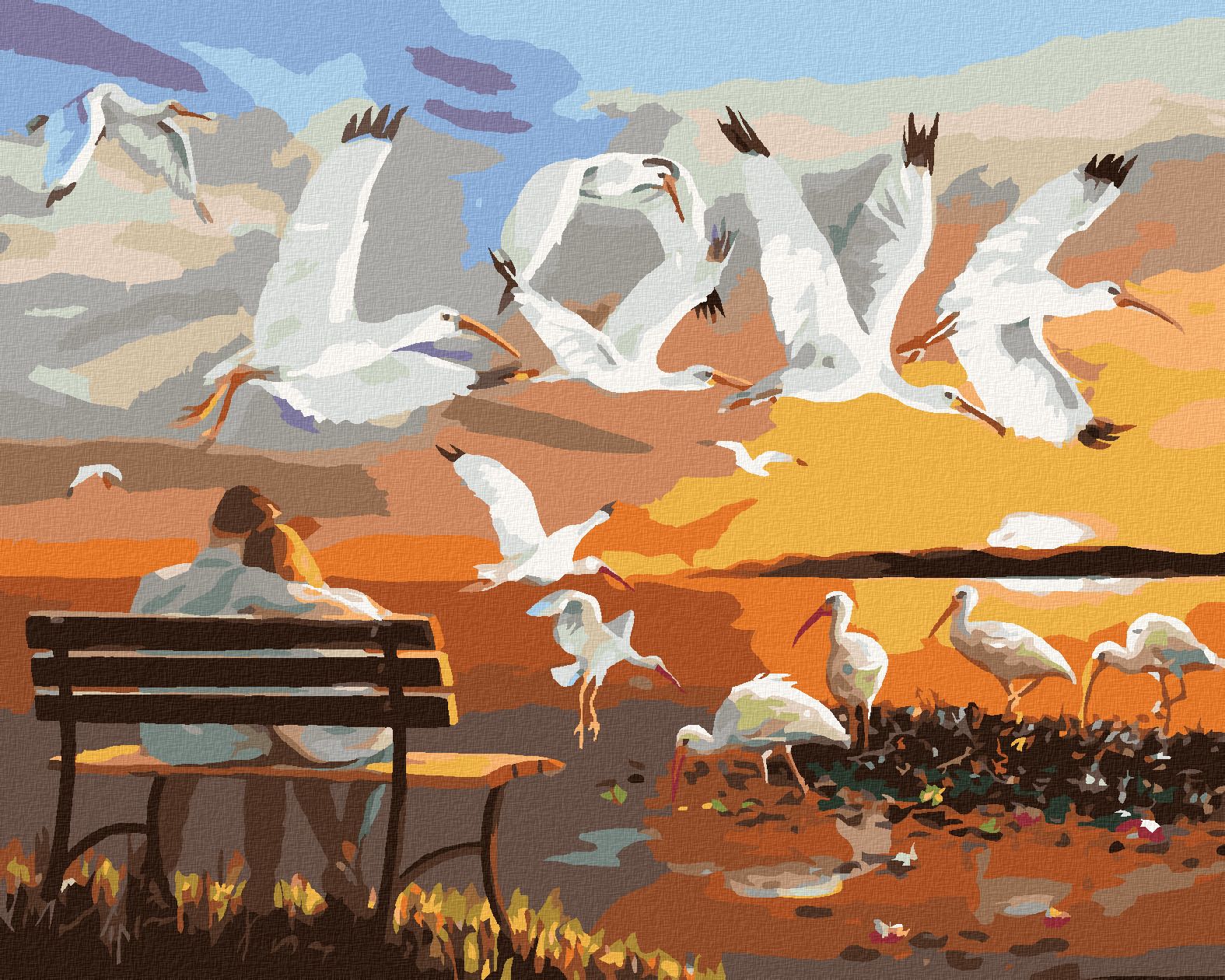 zuty Malování podle čísel - PÁR NA LAVIČCE A LETÍCÍ PTÁCI (D. RUSTY RUST) - Rozměr: 40x50 cm, Rámování: Varianta: bez rámu a bez vypnutí plátna - obrázek 1