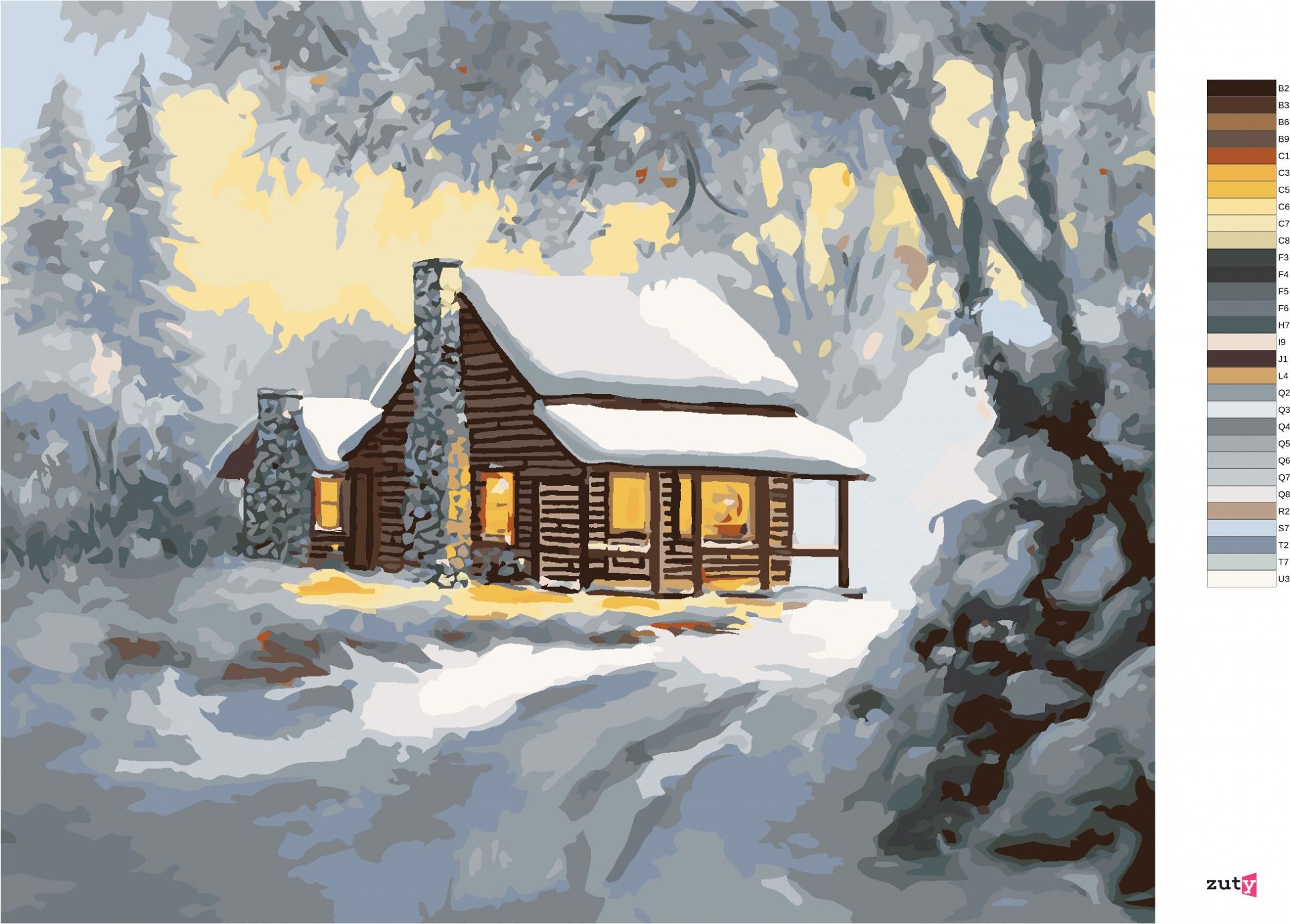 zuty Malování podle čísel - ZASNĚŽENÝ SRUB PŘI ROZBŘESKU (D. RUSTY RUST) - Rozměr: 40x50 cm, Rámování: Varianta: bez rámu a bez vypnutí plátna - obrázek 6