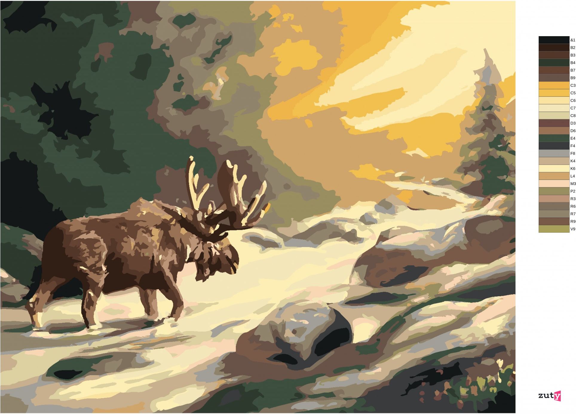 zuty Malování podle čísel - LOS JDOUCÍ V ŘECE A SLUNEČNÍ PAPRSKY (D. RUSTY RUST) - Rozměr: 40x50 cm, Rámování: Varianta: bez rámu a bez vypnutí plátna - obrázek 6