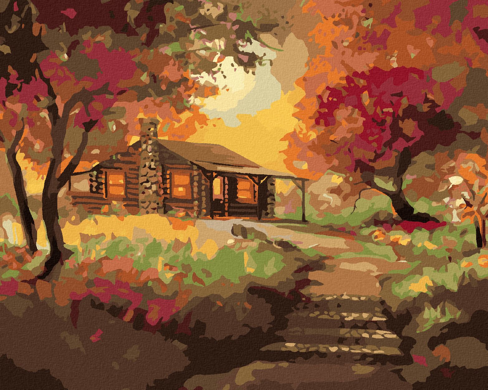 zuty Malování podle čísel - SRUB PŘI ZÁPADU SLUNCE NA PODZIM (D. RUSTY RUST) - Rozměr: 40x50 cm, Rámování: Varianta: vypnuté plátno na rám - obrázek 1