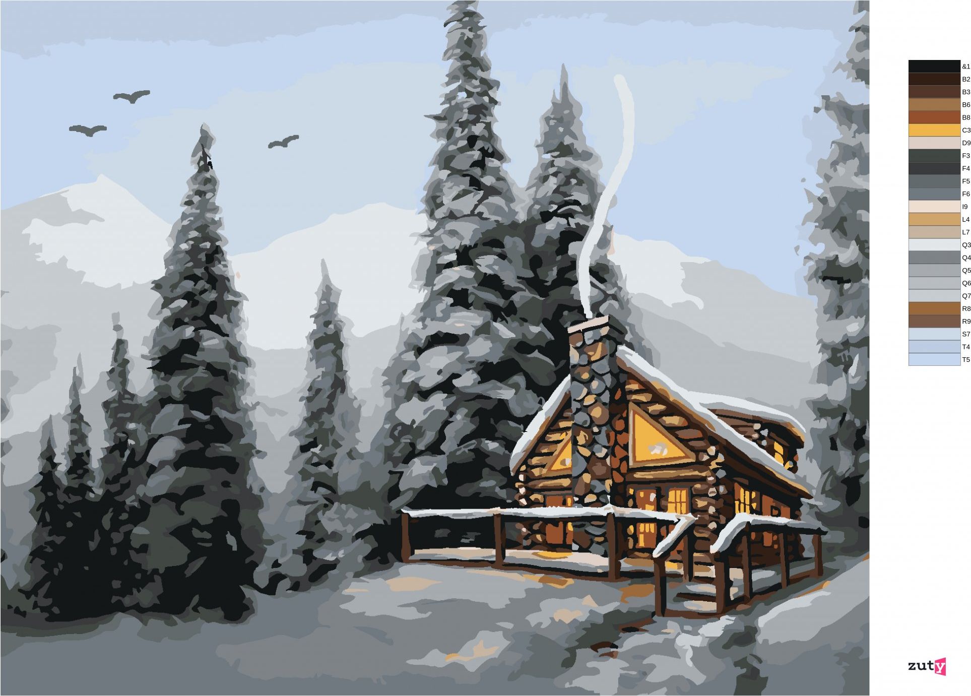 zuty Malování podle čísel - ZASNĚŽENÝ SRUB V LESE (D. RUSTY RUST) - Rozměr: 40x50 cm, Rámování: Varianta: bez rámu a bez vypnutí plátna - obrázek 4