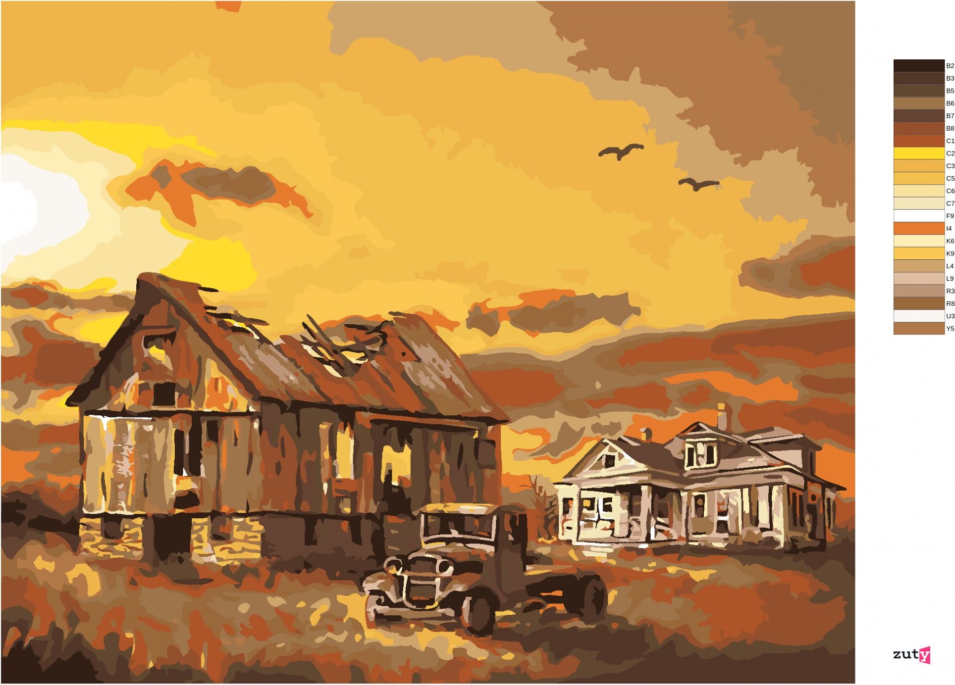 zuty Malování podle čísel - STODOLA S ROZPADLOU STŘECHOU (D. RUSTY RUST) - Rozměr: 40x50 cm, Rámování: Varianta: bez rámu a bez vypnutí plátna - obrázek 4