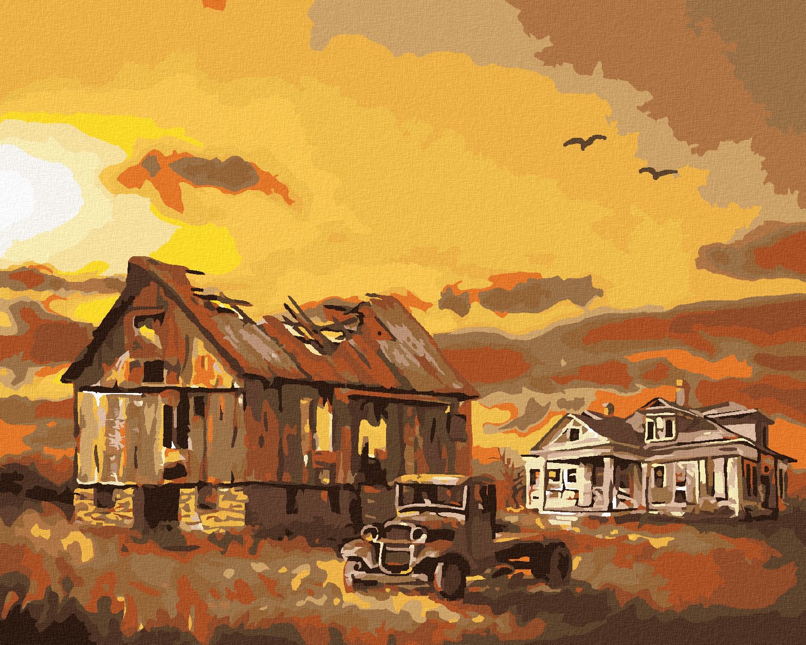zuty Malování podle čísel - STODOLA S ROZPADLOU STŘECHOU (D. RUSTY RUST) - Rozměr: 40x50 cm, Rámování: Varianta: vypnuté plátno na rám - obrázek 1