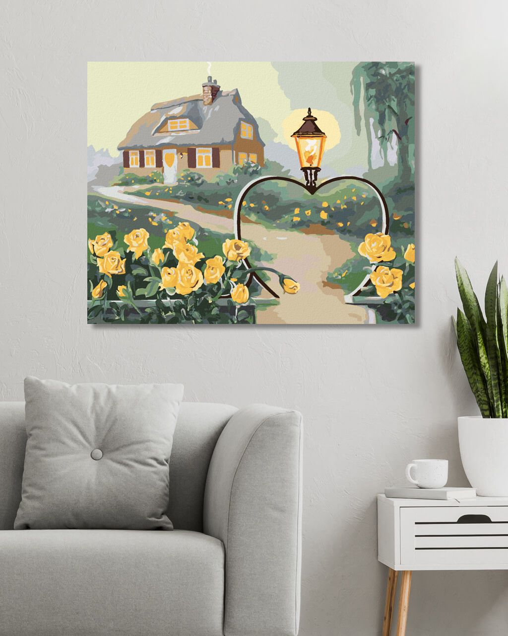 zuty Malování podle čísel - ŽLUTÉ RŮŽE, BRANKA VE TVARU SRDCE S LAMPOU A DŮM (D. RUSTY RUST) - Rozměr: 40x50 cm, Rámování: Varianta: vypnuté plátno na rám - obrázek 4