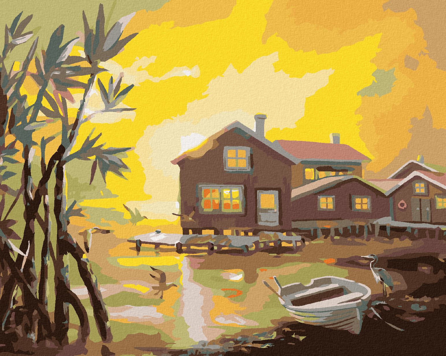 zuty Malování podle čísel - DOMY S MOLEM U JEZERA, VOLAVKA A RACCI A ZÁPAD SLUNCE (D. RUSTY RUST) - Rozměr: 40x50 cm, Rámování: Varianta: bez rámu a bez vypnutí plátna - obrázek 1