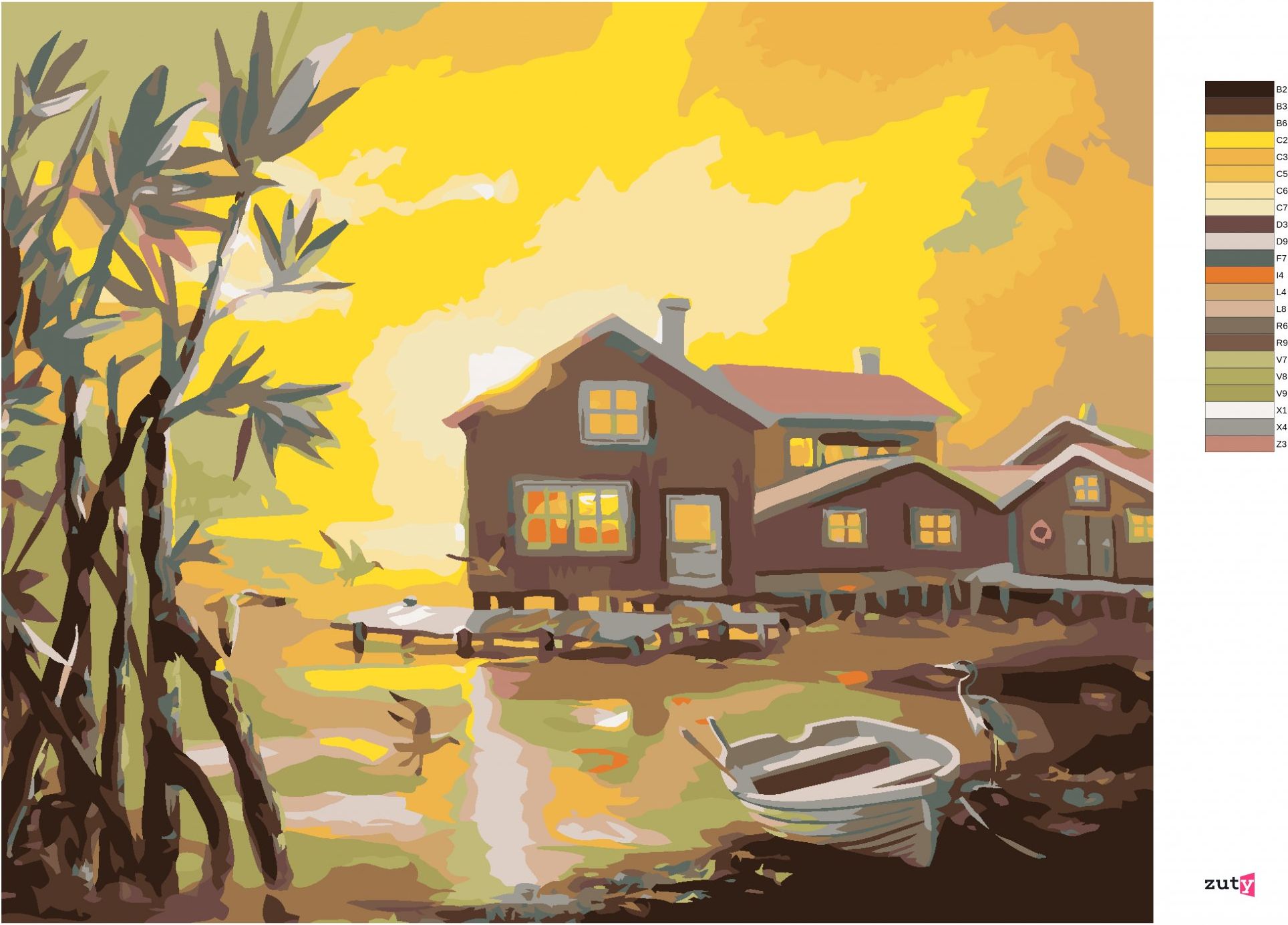 zuty Malování podle čísel - DOMY S MOLEM U JEZERA, VOLAVKA A RACCI A ZÁPAD SLUNCE (D. RUSTY RUST) - Rozměr: 40x50 cm, Rámování: Varianta: bez rámu a bez vypnutí plátna - obrázek 3