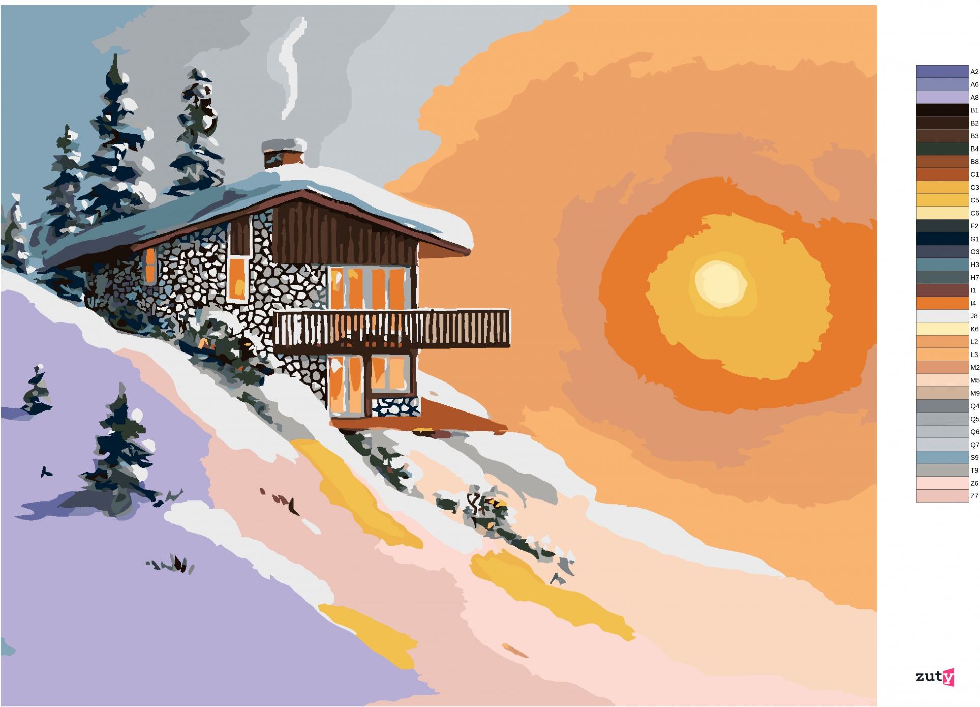 zuty Malování podle čísel - ZASNĚŽENÁ CHATA PŘI ZÁPADU SLUNCE (D. RUSTY RUST) - Rozměr: 40x50 cm, Rámování: Varianta: bez rámu a bez vypnutí plátna - obrázek 10