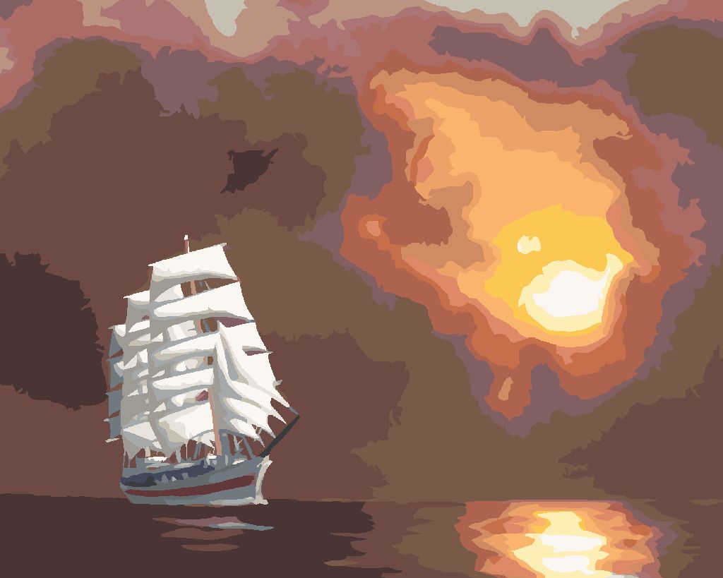 zuty Malování podle čísel - BÍLÁ PLACHETNICE A SLUNCE ZA MRAKY (D. RUSTY RUST) - Rozměr: 40x50 cm, Rámování: Varianta: bez rámu a bez vypnutí plátna - obrázek 3