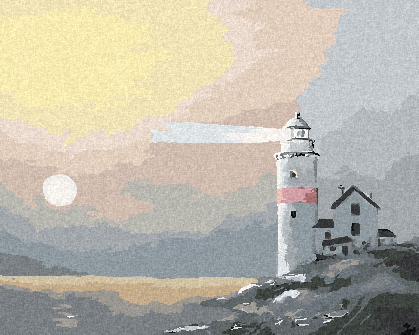zuty Malování podle čísel - MAJÁK A SLUNCE V MLZE (D. RUSTY RUST) - Rozměr: 40x50 cm, Rámování: Varianta: bez rámu a bez vypnutí plátna - obrázek 1