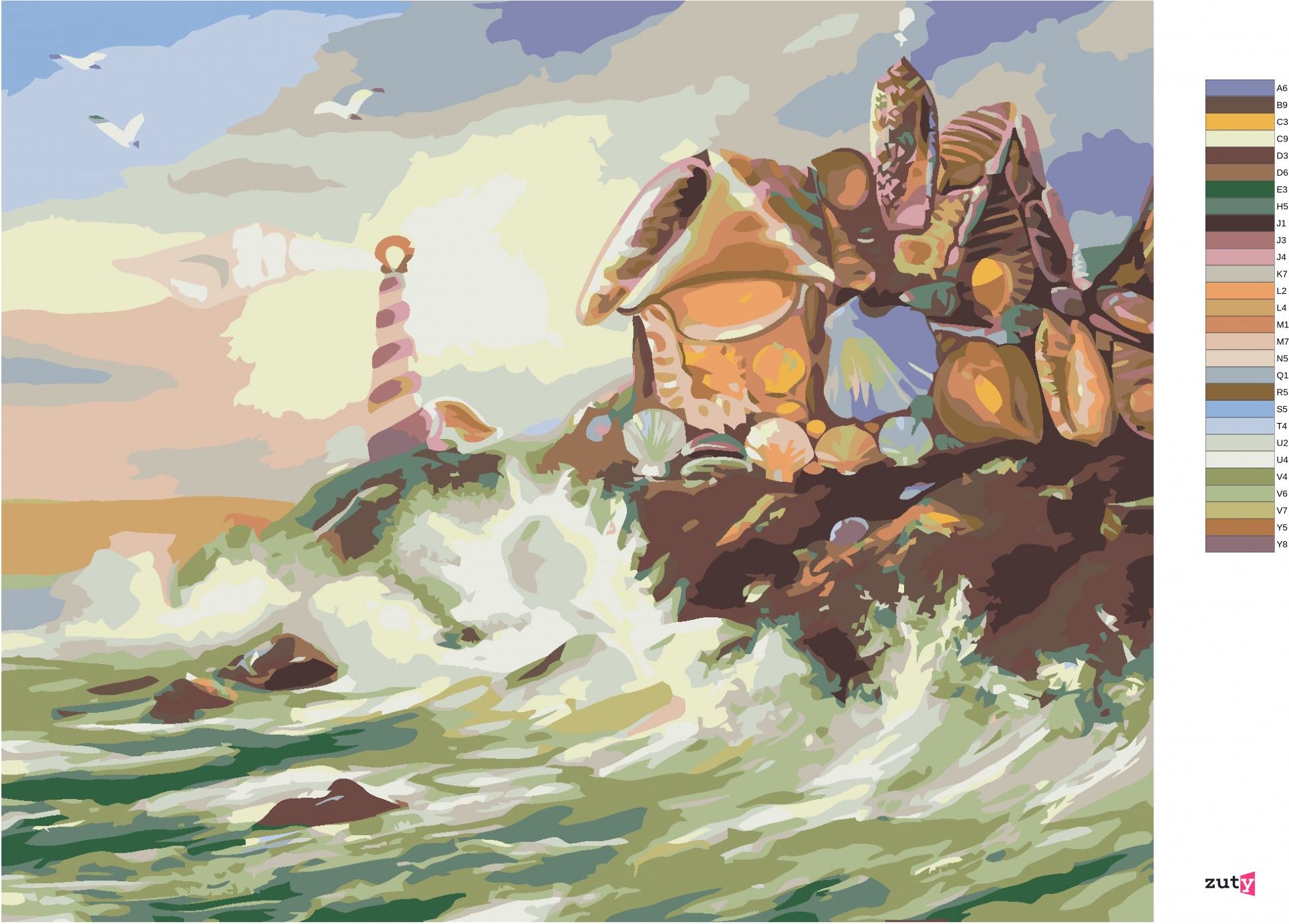 zuty Malování podle čísel - DŮM A MAJÁK Z MUŠLÍ A VLNY (D. RUSTY RUST) - Rozměr: 40x50 cm, Rámování: Varianta: bez rámu a bez vypnutí plátna - obrázek 4