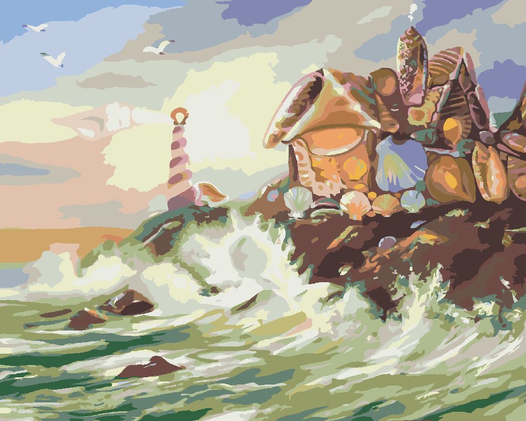 zuty Malování podle čísel - DŮM A MAJÁK Z MUŠLÍ A VLNY (D. RUSTY RUST) - Rozměr: 40x50 cm, Rámování: Varianta: vypnuté plátno na rám - obrázek 2