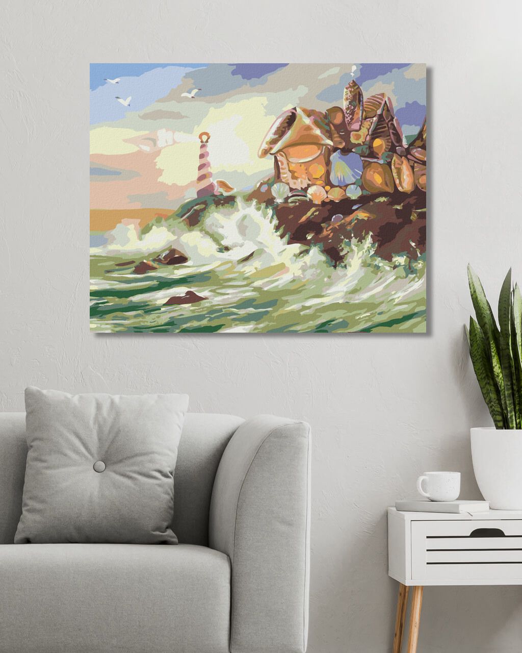 zuty Malování podle čísel - DŮM A MAJÁK Z MUŠLÍ A VLNY (D. RUSTY RUST) - Rozměr: 40x50 cm, Rámování: Varianta: vypnuté plátno na rám - obrázek 3