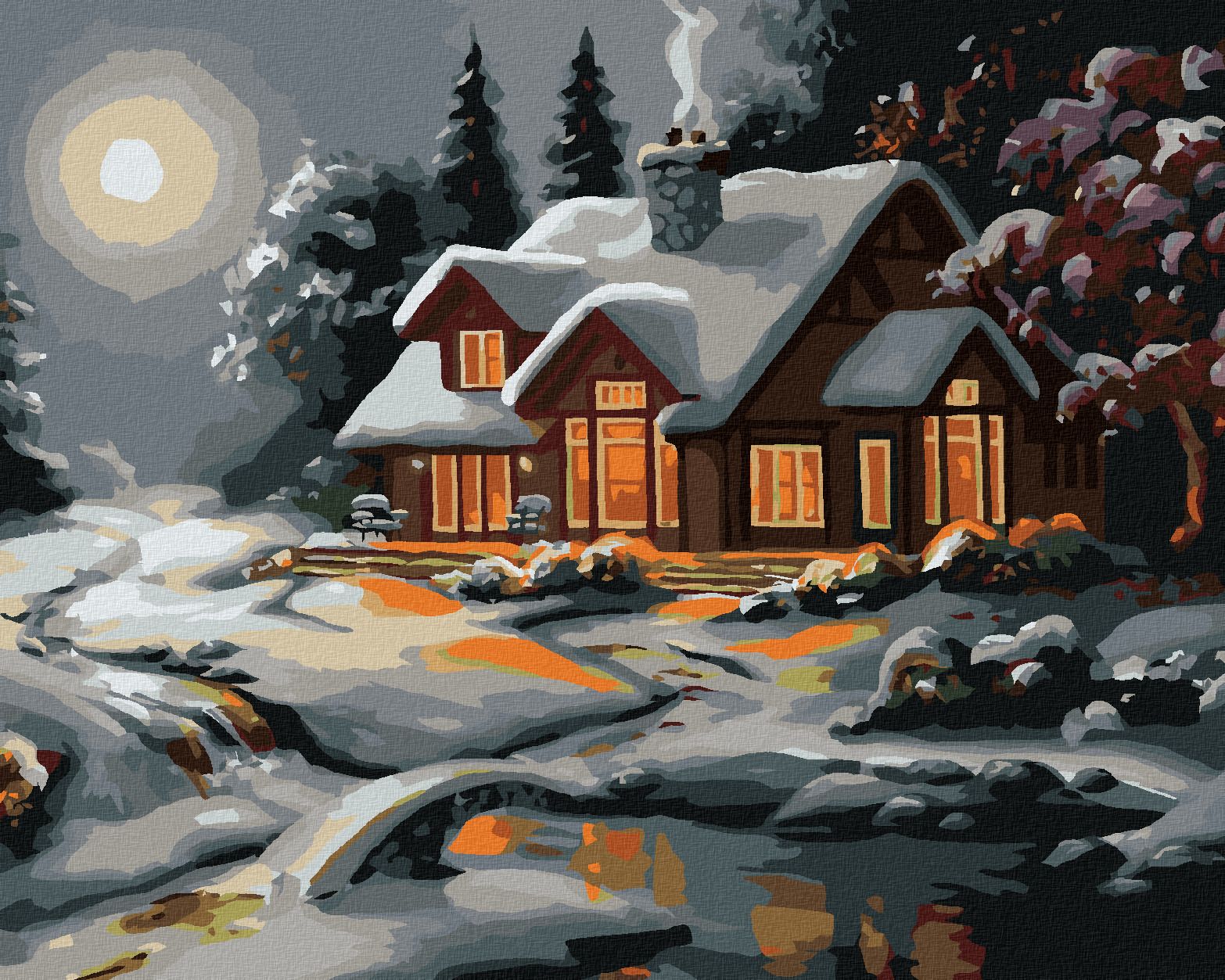 zuty Malování podle čísel - ZASNĚŽENÝ DŮM PO SOUMRAKU (D. RUSTY RUST) - Rozměr: 40x50 cm, Rámování: Varianta: vypnuté plátno na rám - obrázek 1