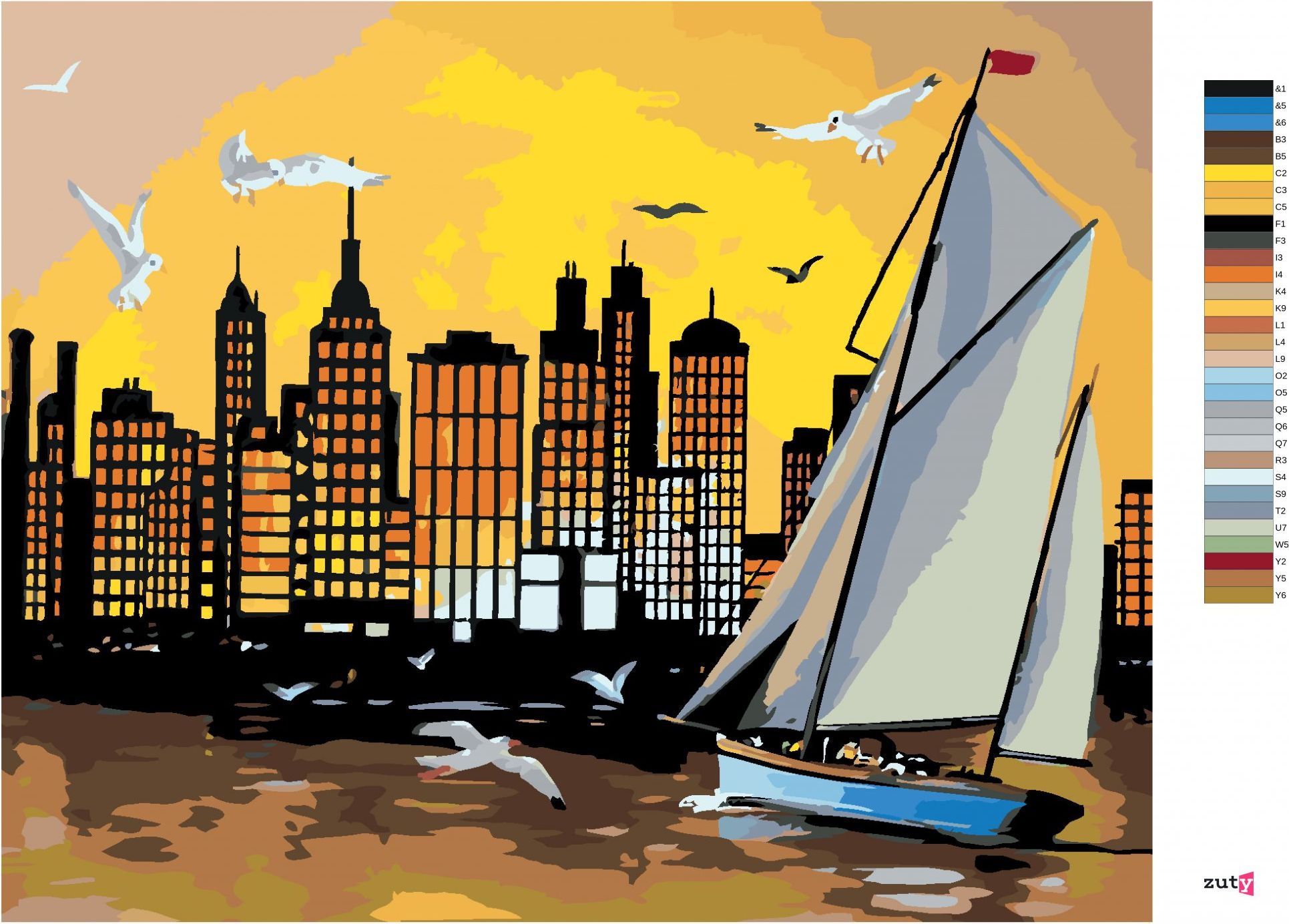 zuty Malování podle čísel - PLACHETNICE, MRAKODRAPY A ZÁPAD SLUNCE (D. RUSTY RUST) - Rozměr: 40x50 cm, Rámování: Varianta: bez rámu a bez vypnutí plátna - obrázek 2