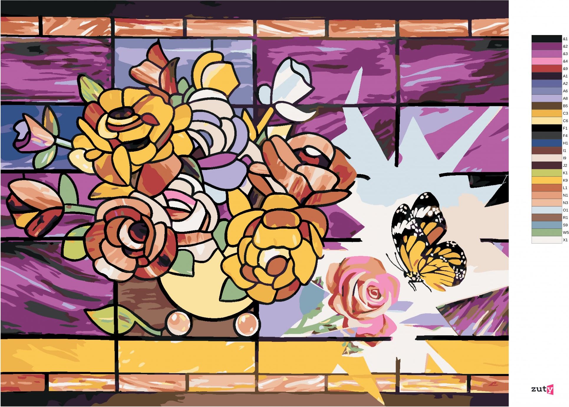 zuty Malování podle čísel - MOZAIKA KYTICE VE VÁZE A MOTÝL (D. RUSTY RUST) - Rozměr: 40x50 cm, Rámování: Varianta: bez rámu a bez vypnutí plátna - obrázek 3