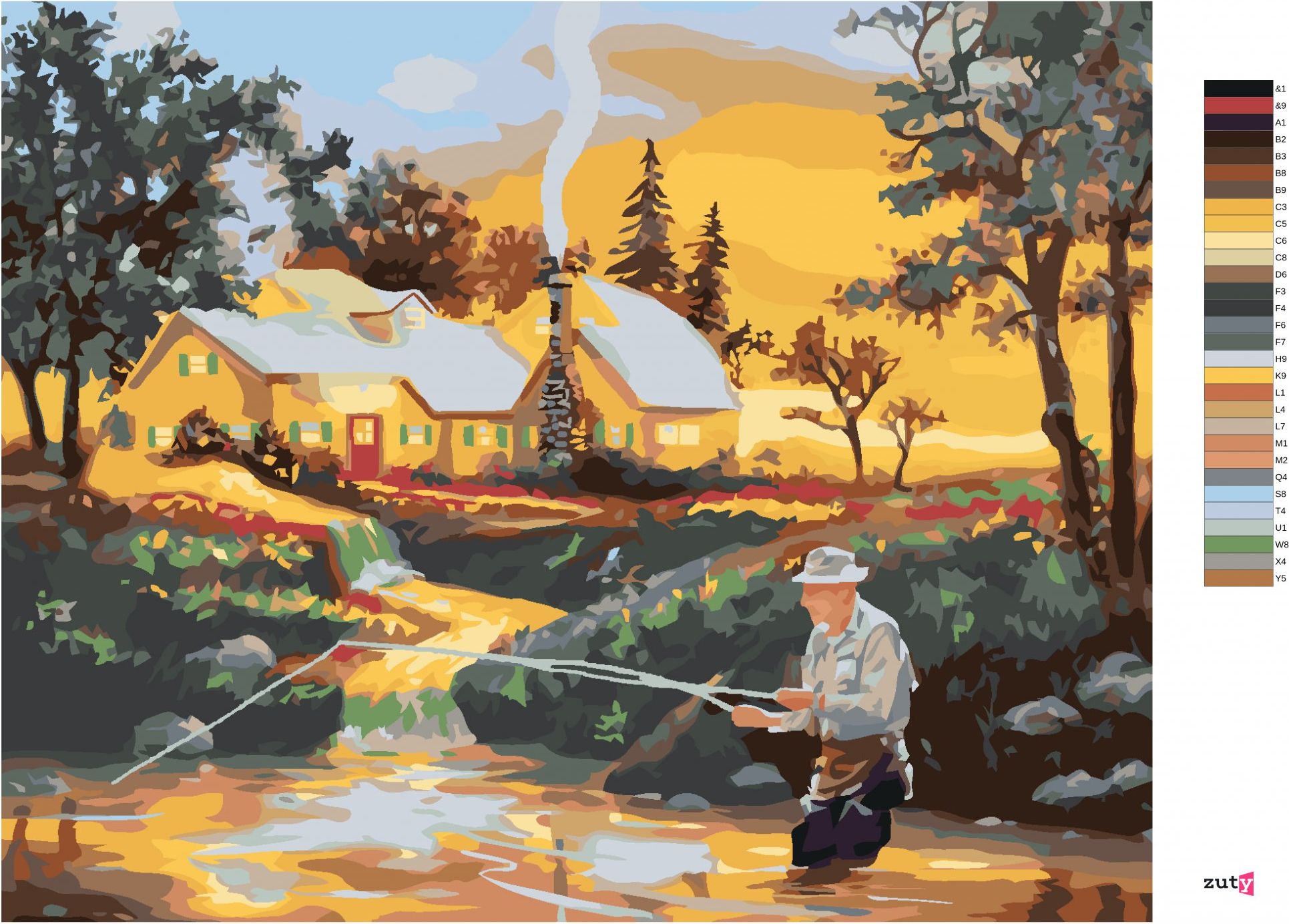 zuty Malování podle čísel - RYBAŘÍCÍ MUŽ V ŘECE, DŮM A ZÁPAD SLUNCE (D. RUSTY RUST) - Rozměr: 40x50 cm, Rámování: Varianta: bez rámu a bez vypnutí plátna - obrázek 3
