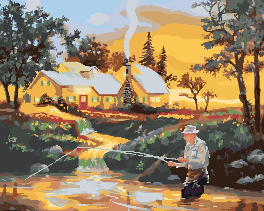 zuty Malování podle čísel - RYBAŘÍCÍ MUŽ V ŘECE, DŮM A ZÁPAD SLUNCE (D. RUSTY RUST) - Rozměr: 40x50 cm, Rámování: Varianta: vypnuté plátno na rám - obrázek 7