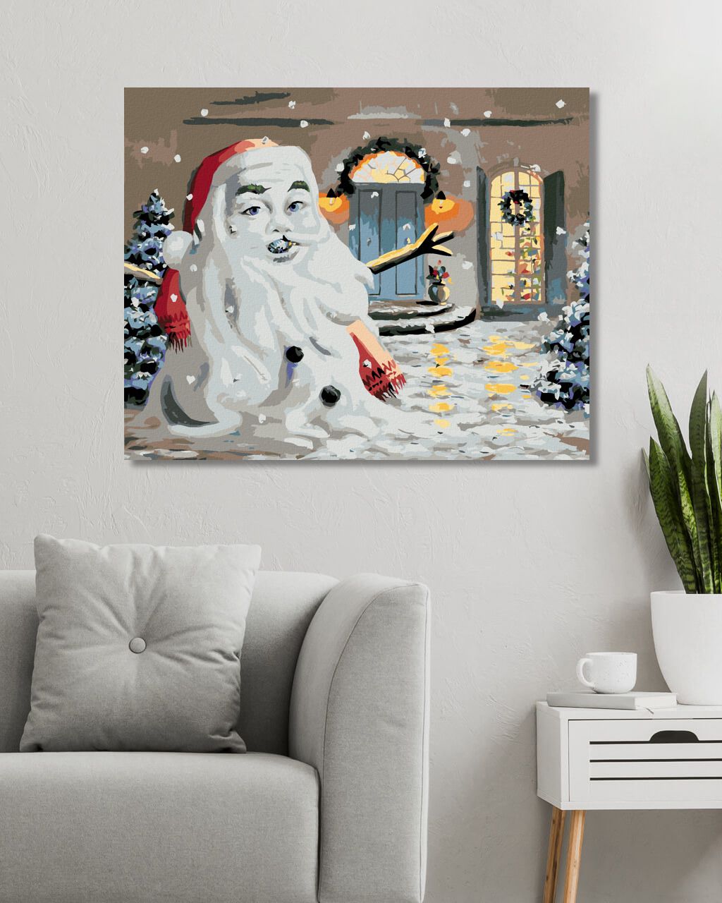 zuty Malování podle čísel - SNĚHULÁK VE TVARU SANTY U DOMU (D. RUSTY RUST) - Rozměr: 40x50 cm, Rámování: Varianta: bez rámu a bez vypnutí plátna - obrázek 2